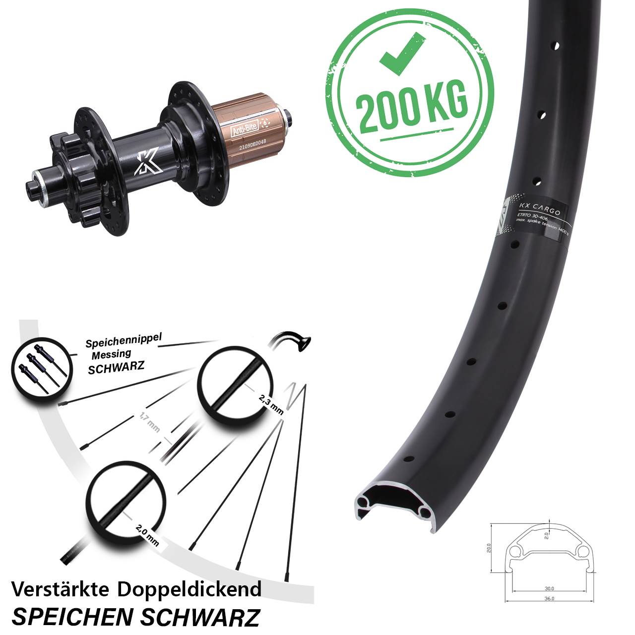 KX-M Cargo Hinterrad 6-Loch Nabe 20 Zoll Lastenrad Heavy Duty