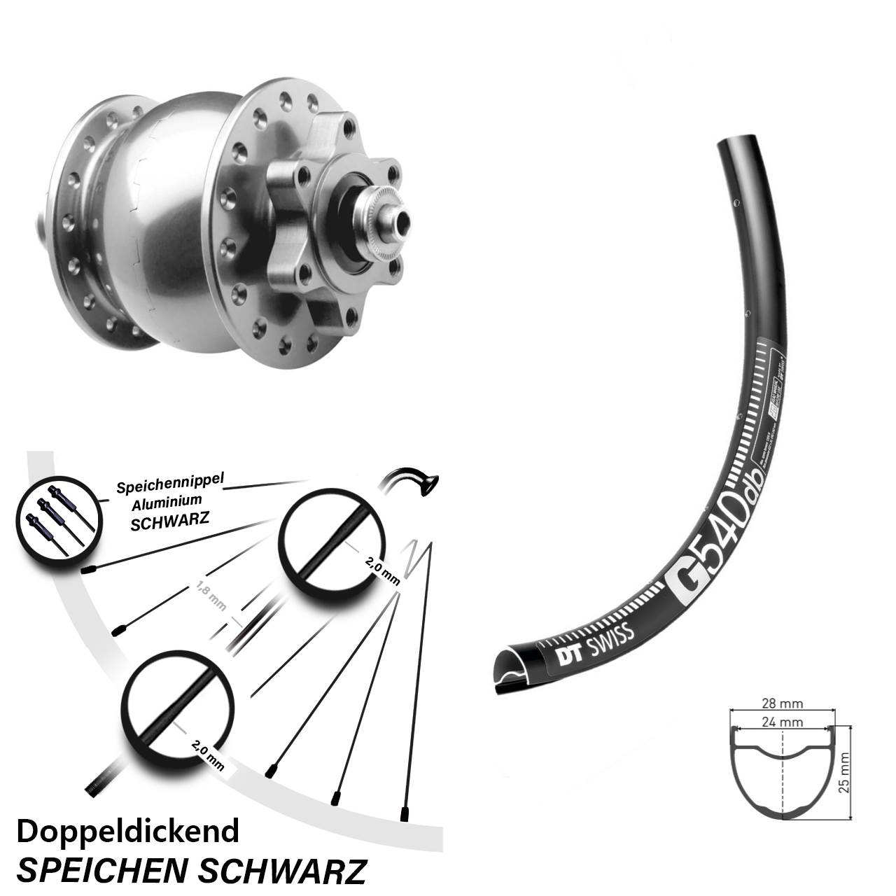 Disc Laufrad mit Nabendynamo 27,5 Zoll DT Swiss G540 SON 28 für Schnellspanner