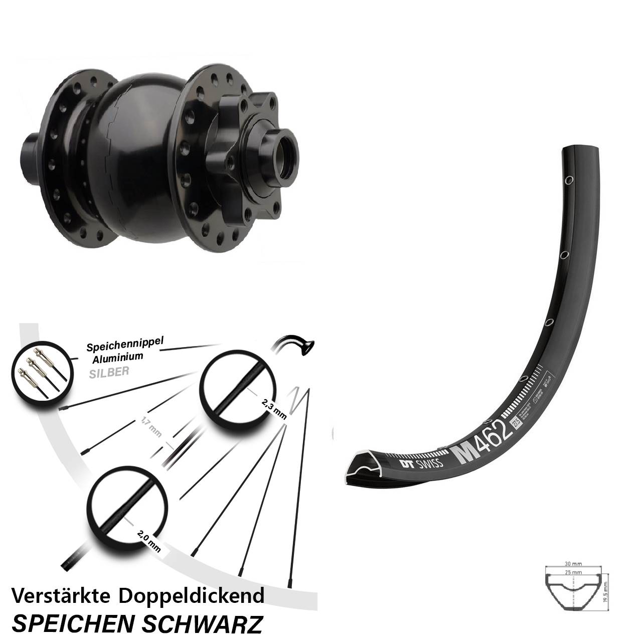 DT Swiss M 462 SON 28 Disc 29 Zoll Vorderrad mit Nabendynamo 15x110 Boost