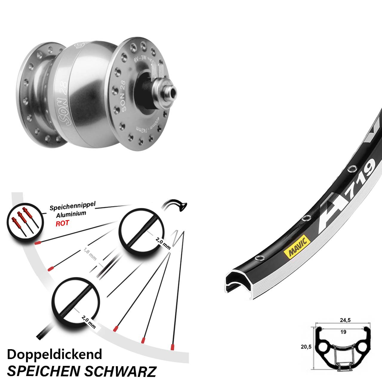 SON 28 Zoll Mavic A719 silbern Vorderrad mit Nabendynamo für Schnellspanner