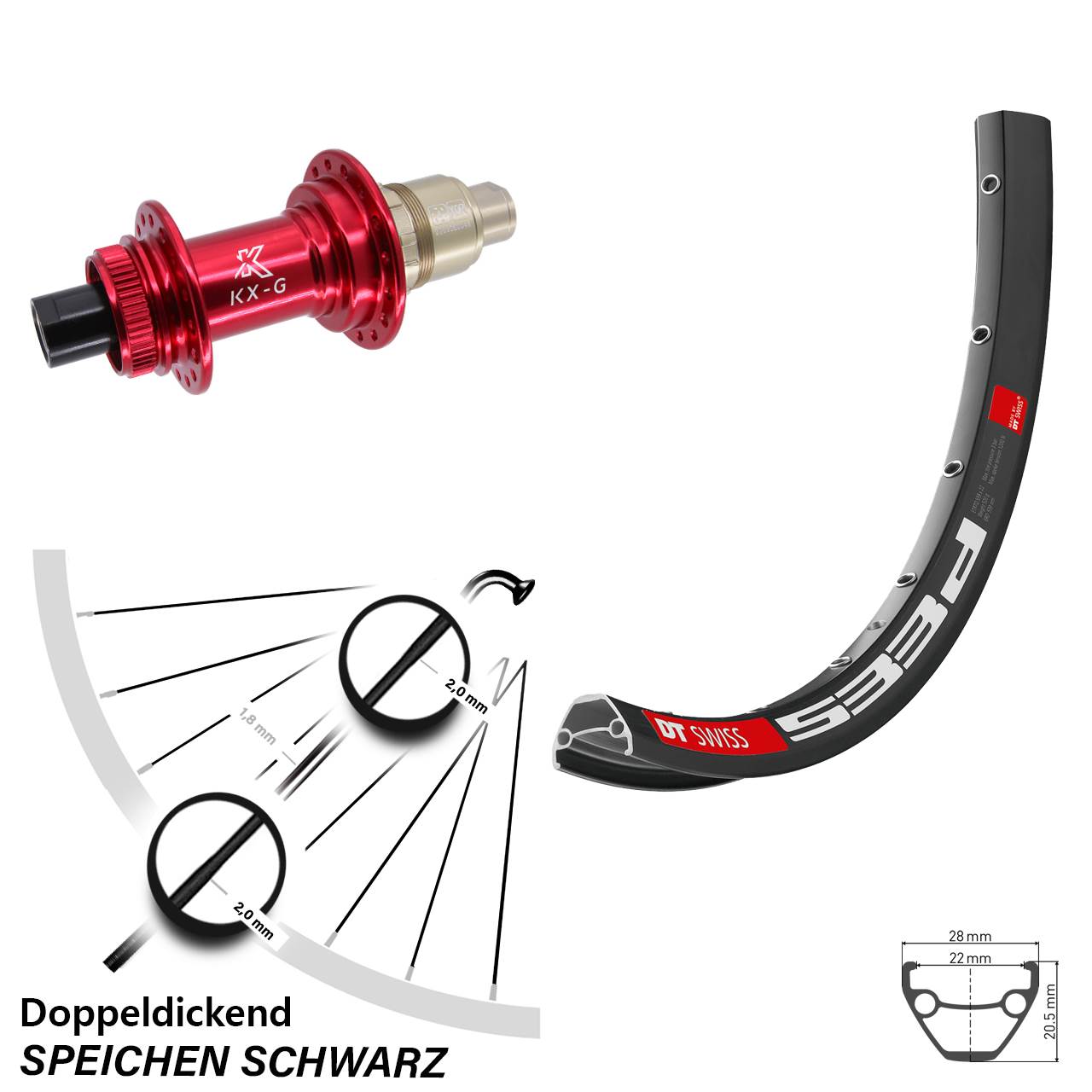 Hinterrad Centerlock 12x142 26 Zoll DT Swiss 533 D KX-G rot