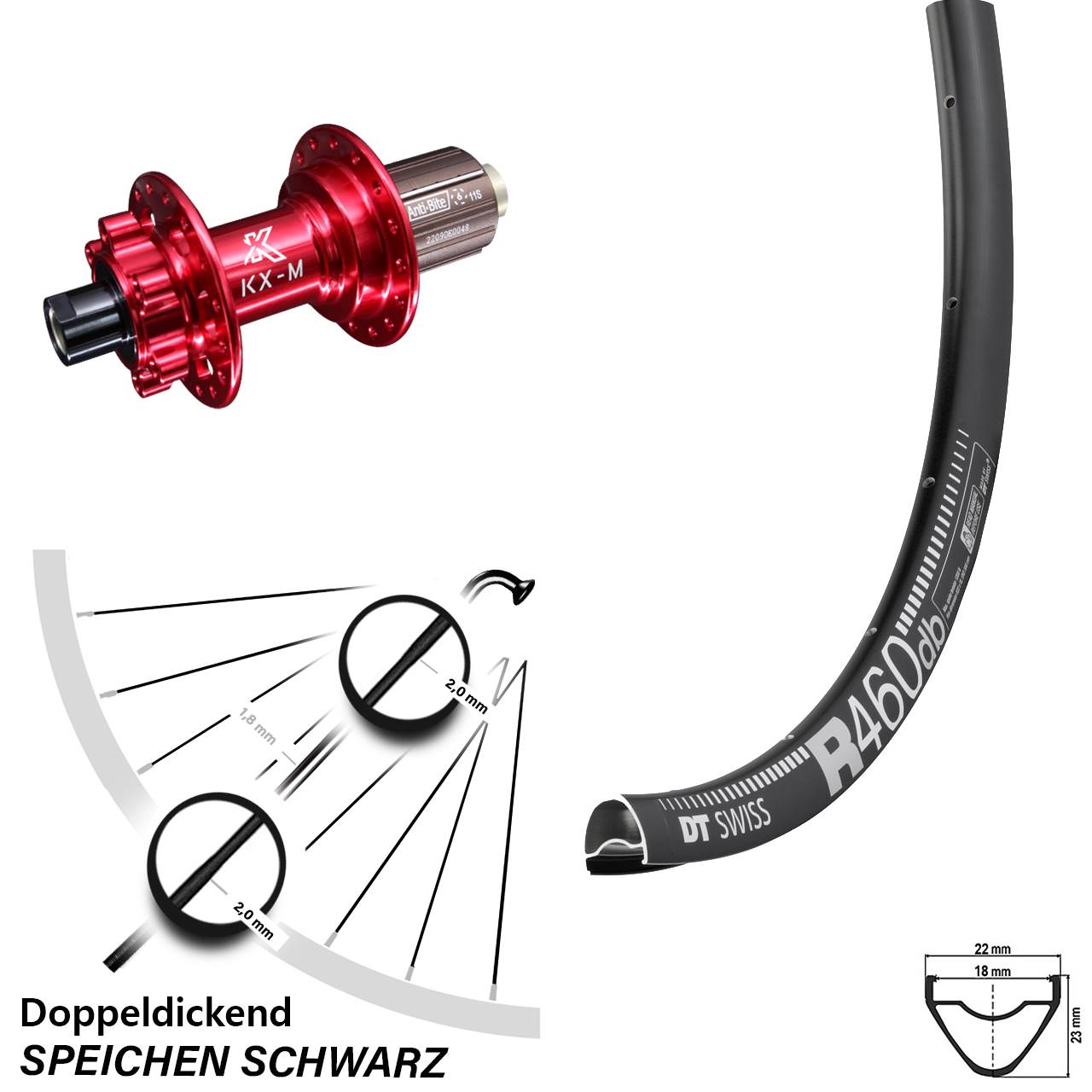 28 Zoll Hinterrad DT Swiss R 460 Disc 6-loch Nabe KX-M rot 12x142 mm 8-12 fach