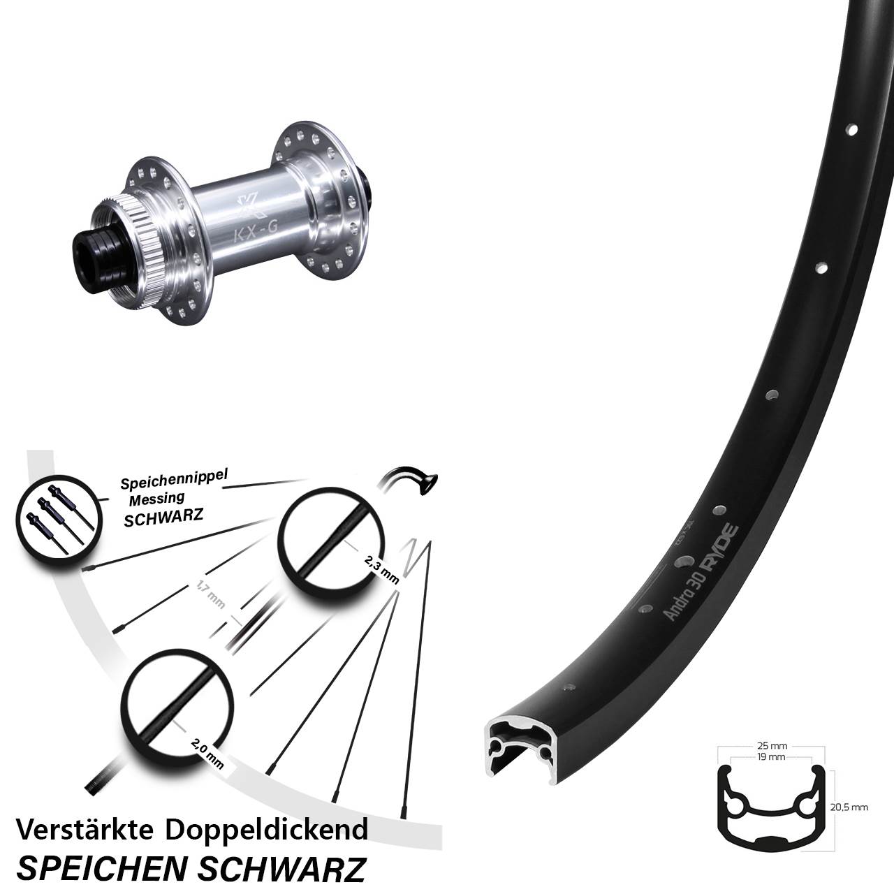 Vorderrad Centerlock 15x100 28 Zoll Ryde Andra 30 Disc KX-G