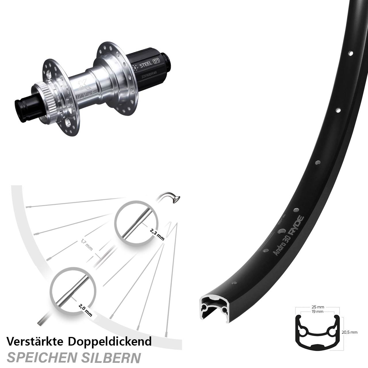 Hinterrad 28-29 Zoll verstärkt Ryde Andra 30 Disc KX-E silbern-eloxiert 12x142 8-12 fach