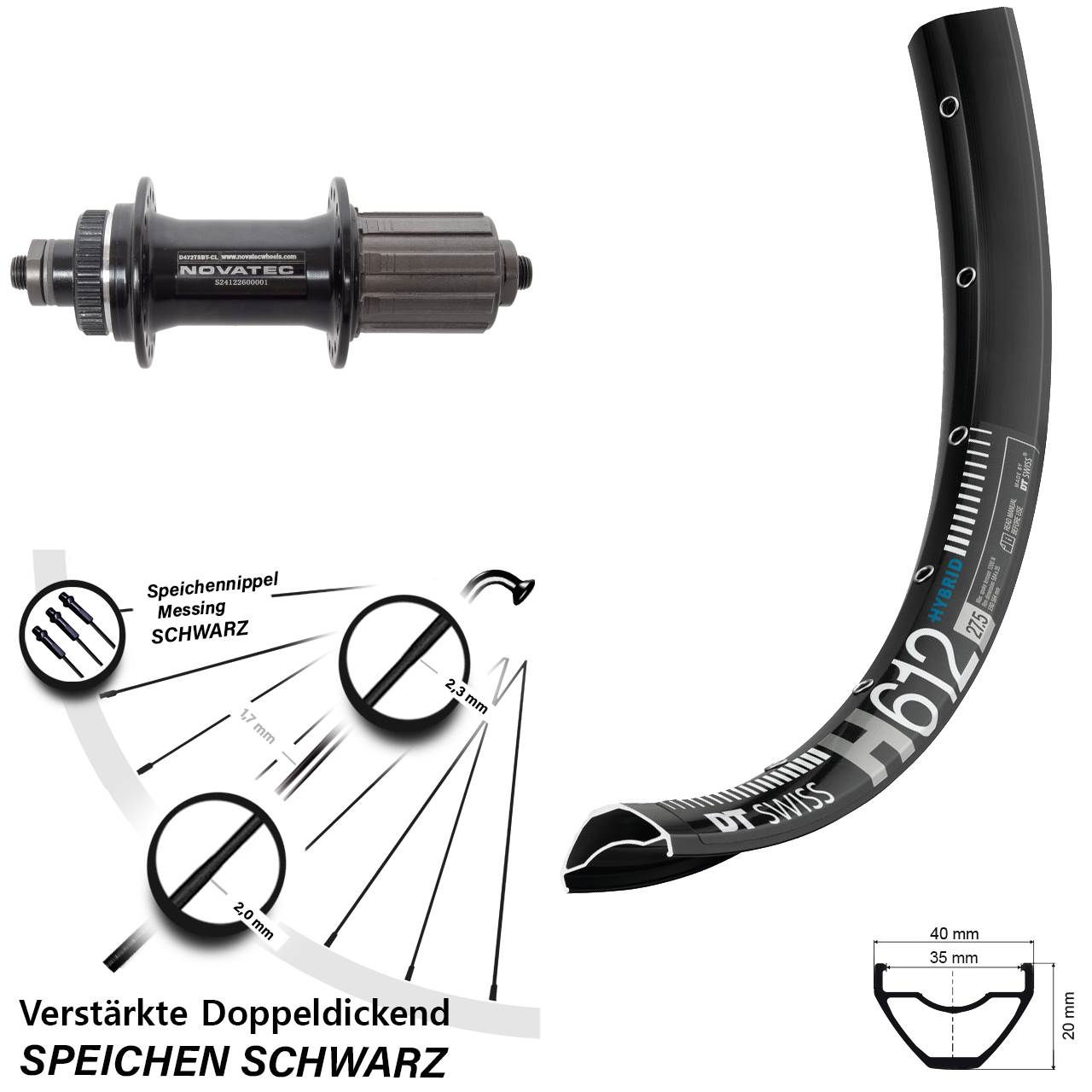 DT Swiss H 612 Novatec D472 27,5 Zoll Centerlock Hinterrad QR 8-12 fach HG
