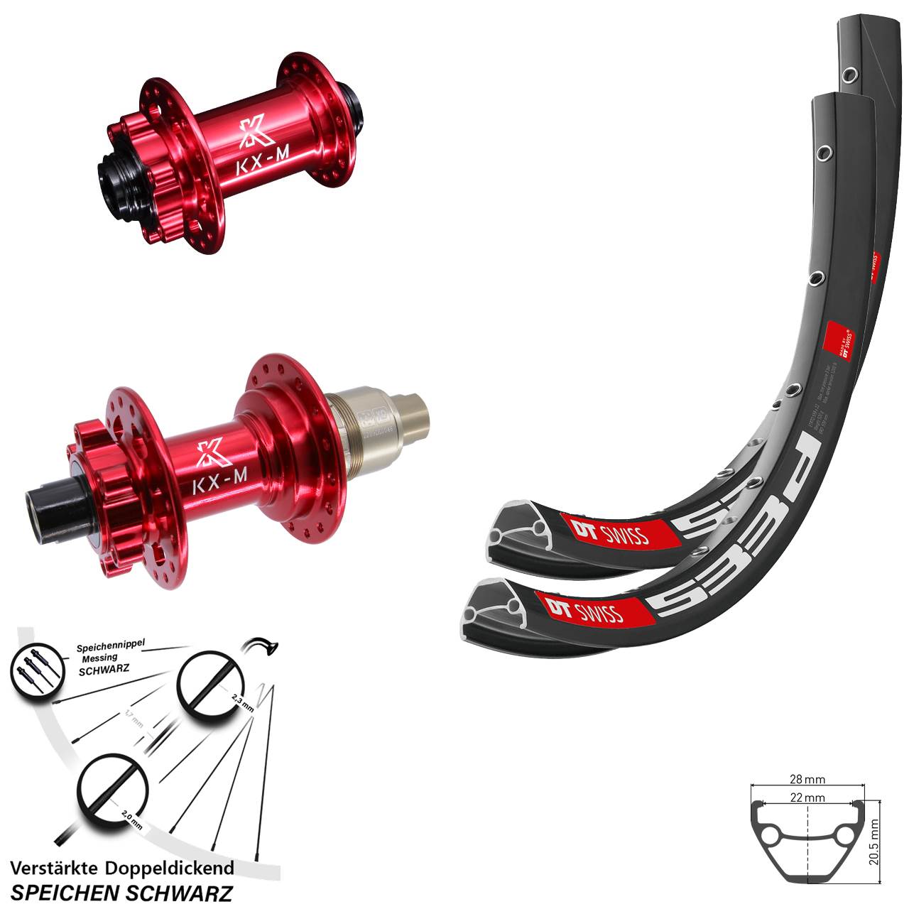 Laufradsatz 6-Loch 15x100 12x142 26 Zoll DT Swiss 533d KX-M rot XD