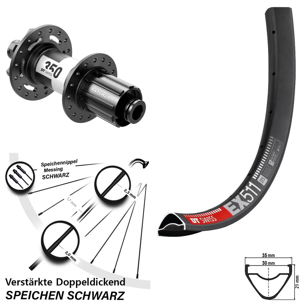 27,5 Zoll DT Swiss EX 511 350 Disc Laufrad 12x157 8-11 fach HG