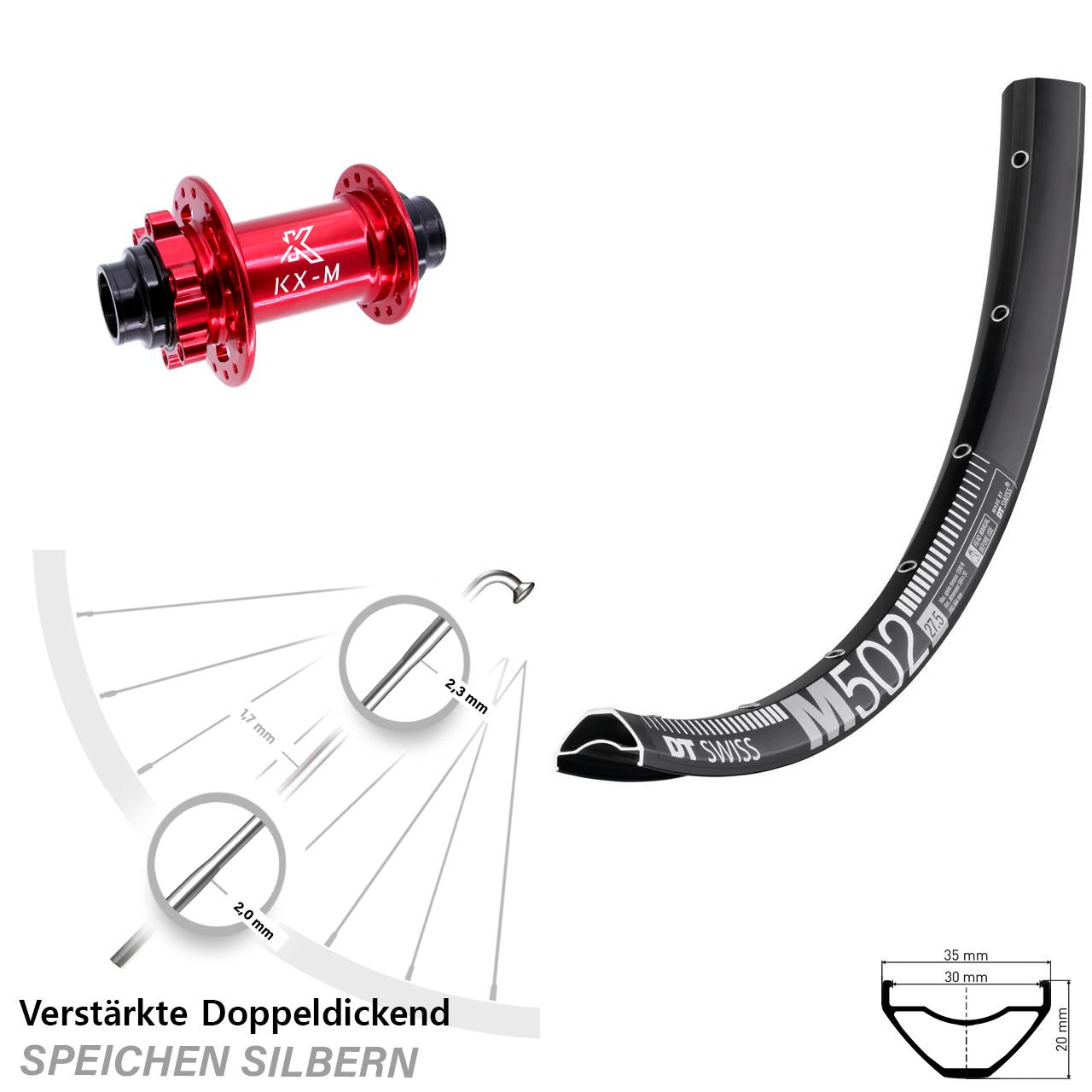 6-Loch Vorderrad 20x110 (DH alt) 29 Zoll DT Swiss M 502 KX-M rot