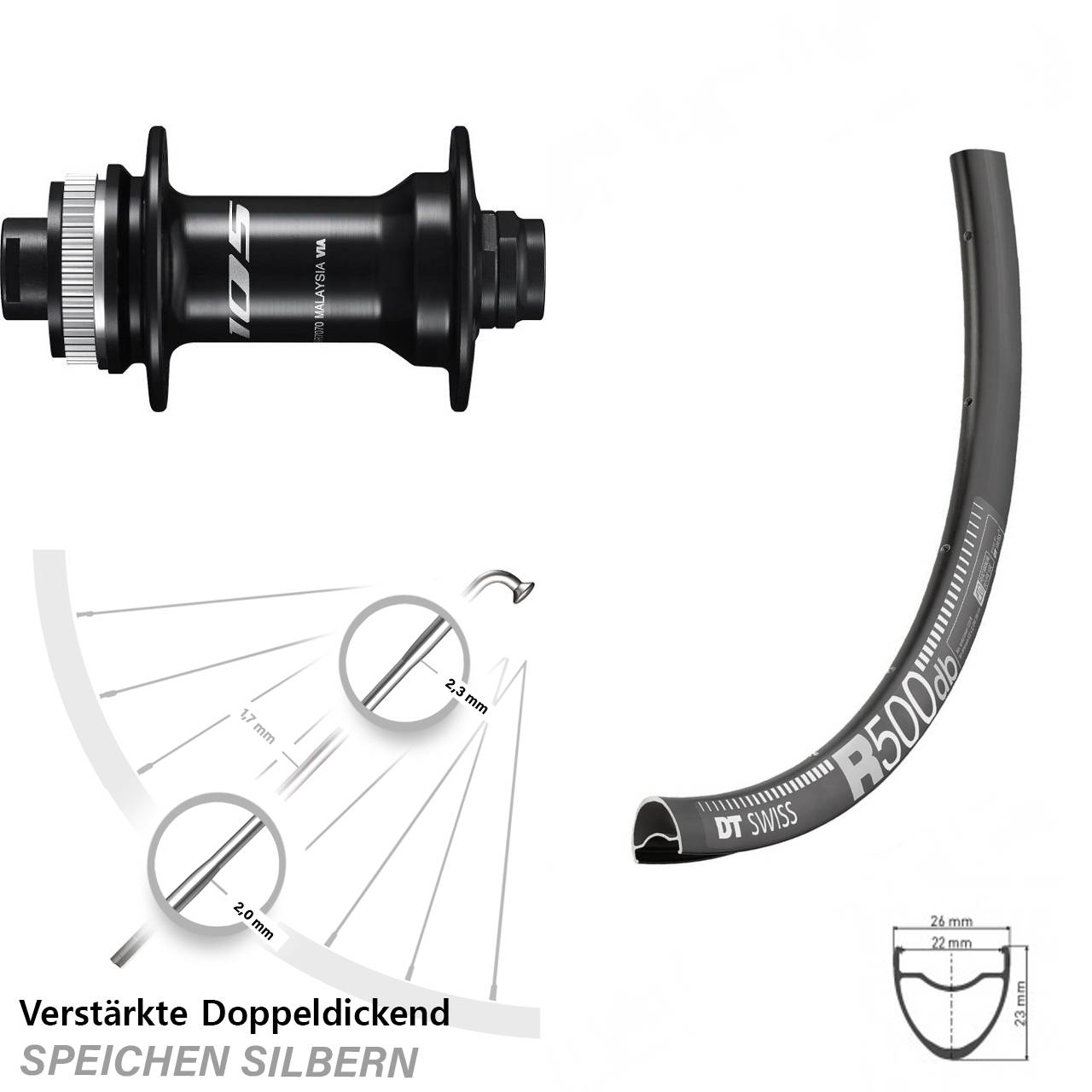 Shimano 105 HB-R7070 DT Swiss R 500 Vorderrad Road Disc 28-29 Zoll 12x100 mm