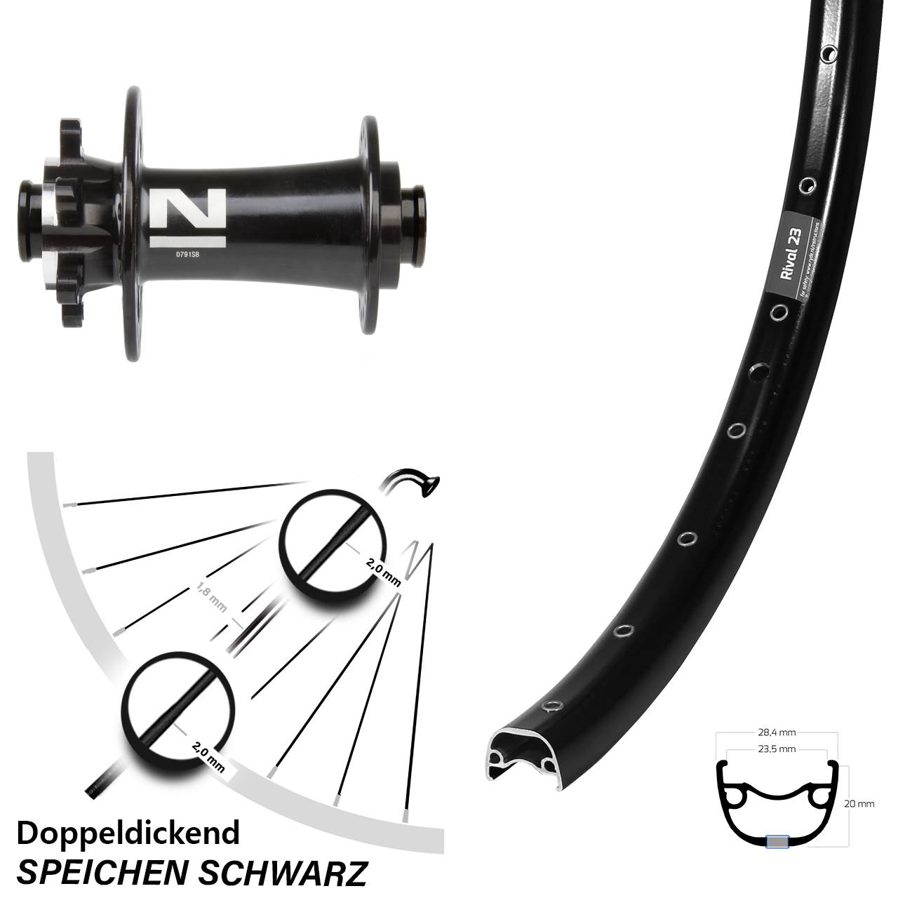 Vorderrad 6-Loch 12x100 27,5 Zoll Ryde Rival 23 Novatec D791