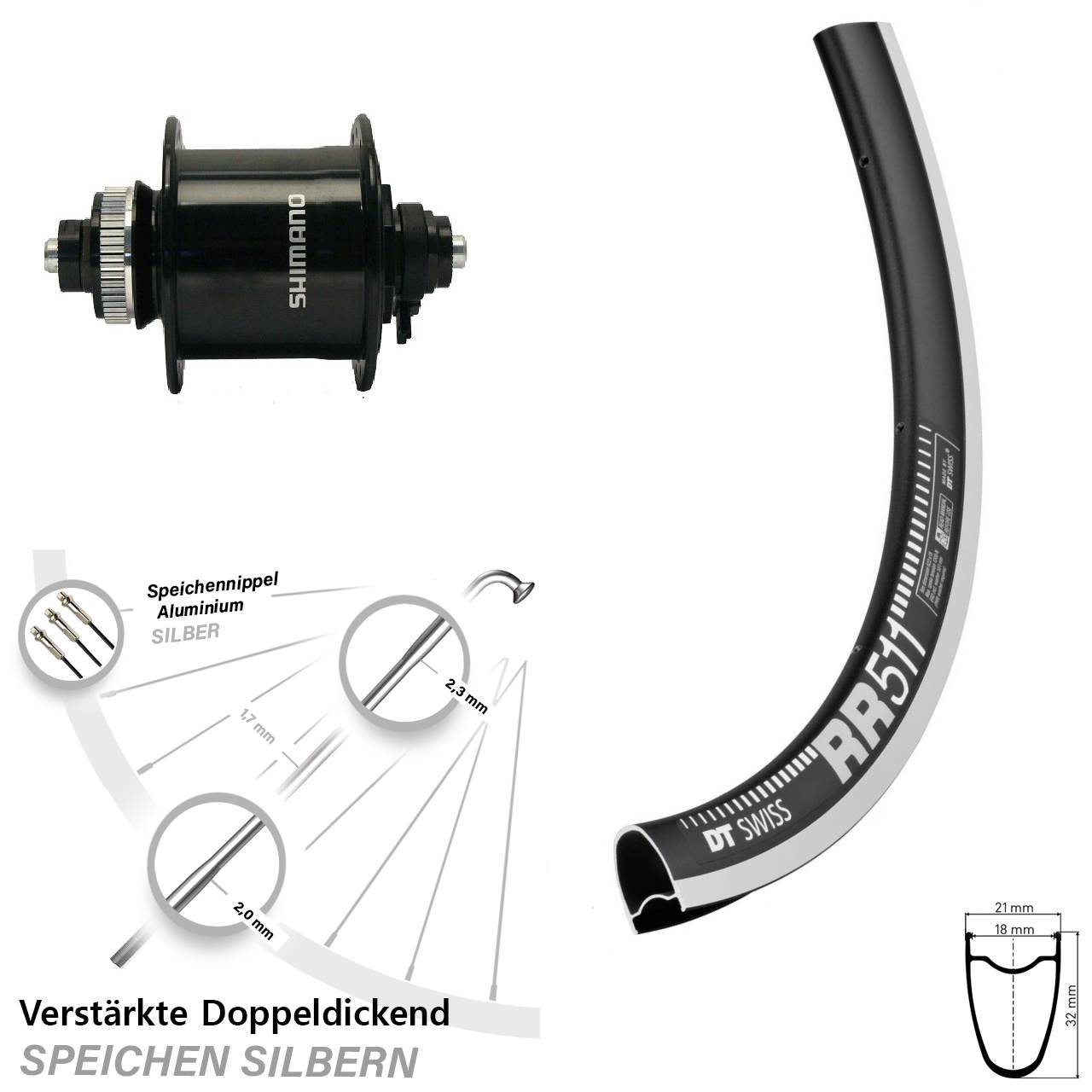 Rennrad 28 Zoll Vorderrad DT RR-511 Shimano DH-UR700 Nabendynamo