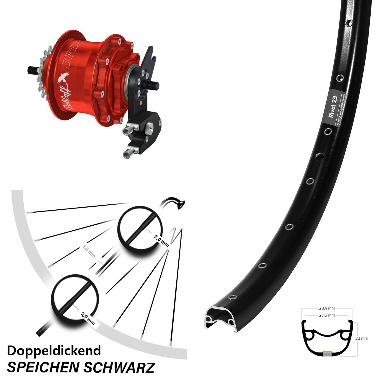 Hinterrad 27,5 Zoll Ryde Rival 23 schwarz Rohloff Speedhub 500/14 TS DB OEM2 Tandem rot