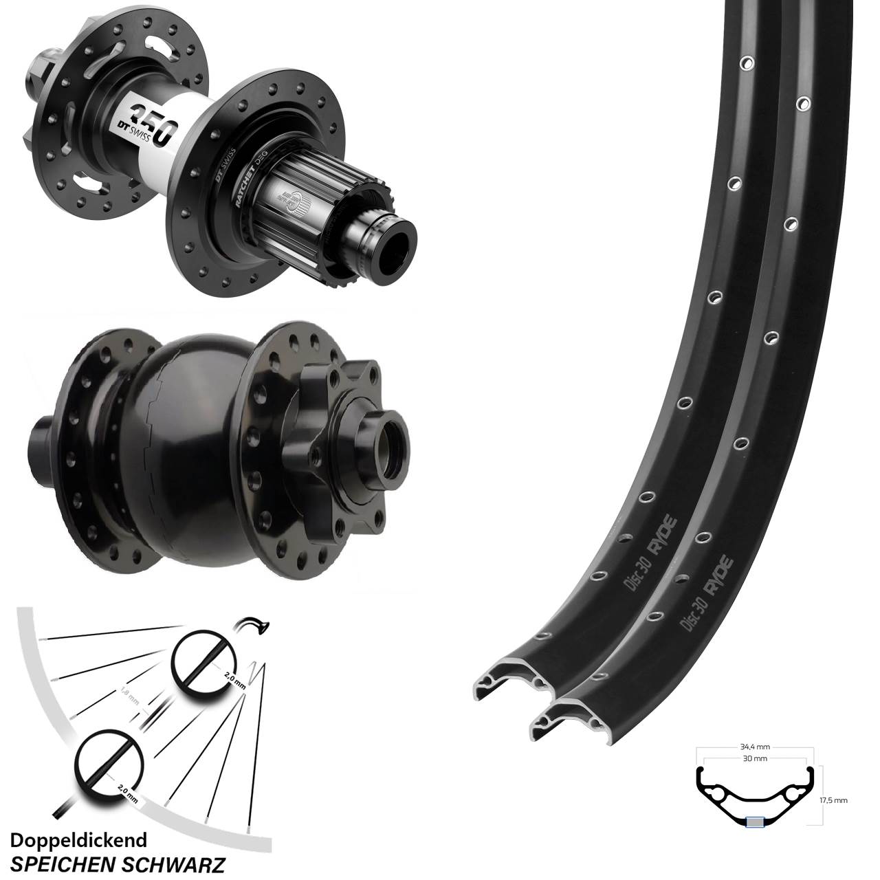 29 Zoll Ryde Disc 30 DT Swiss 350 DEG 72 SON 28 Laufradsatz 15x110 12x148 Micro Spline