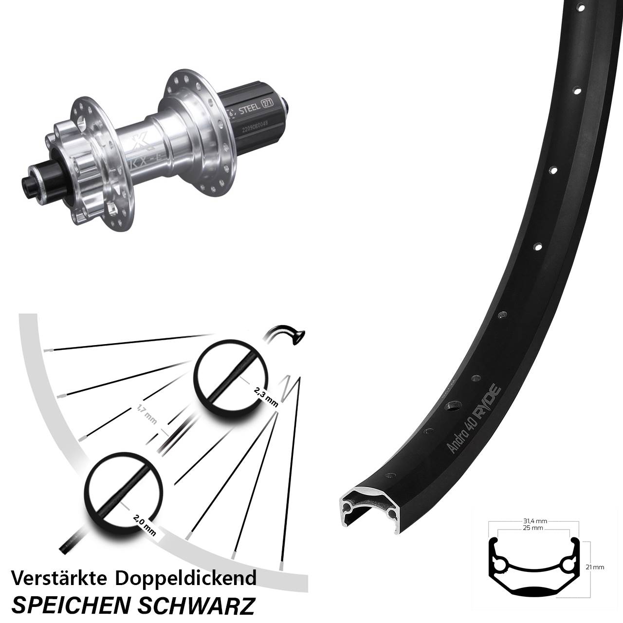 27,5 Zoll Hinterrad KX-E Nabe silbern 5x135 mm 6-loch 8-12 fach Ryde Andra 40 Disc
