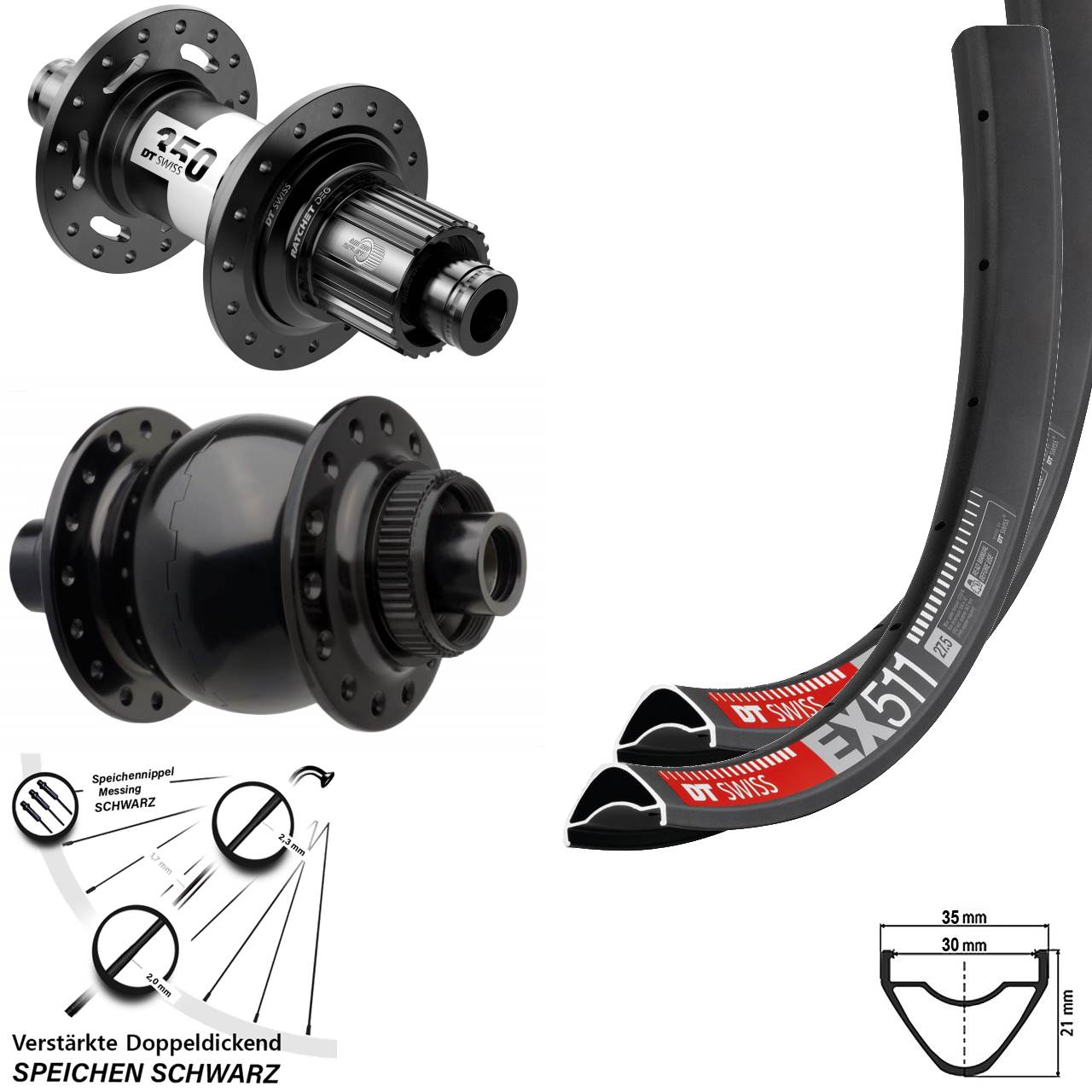 Disc Laufradsatz 27,5 Zoll DT Swiss EX 511 350 DEG72 SON 28 Spline 15x110/12x148