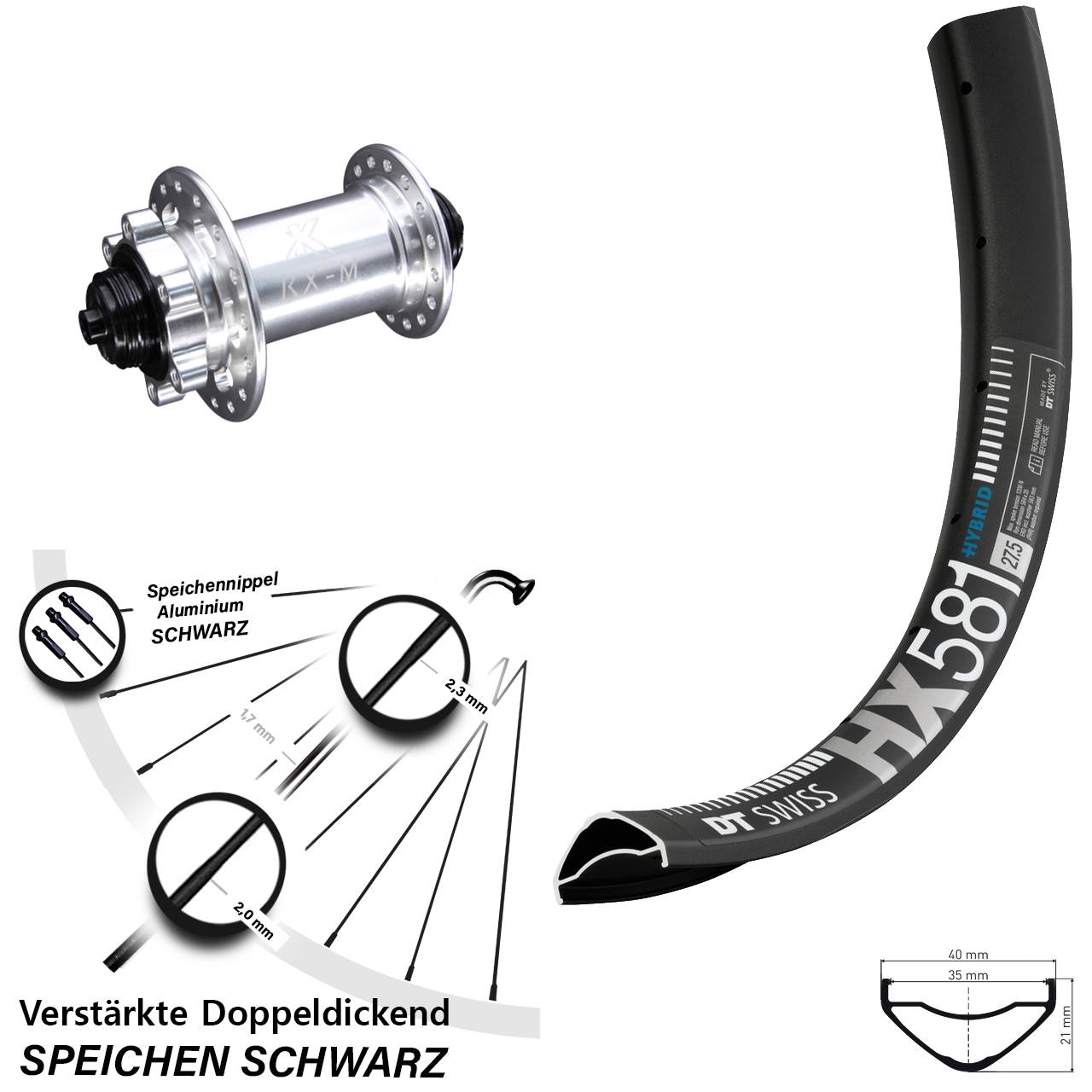 Vorderrad 6-Loch QR 27,5 Zoll DT Swiss HX 581 KX-M