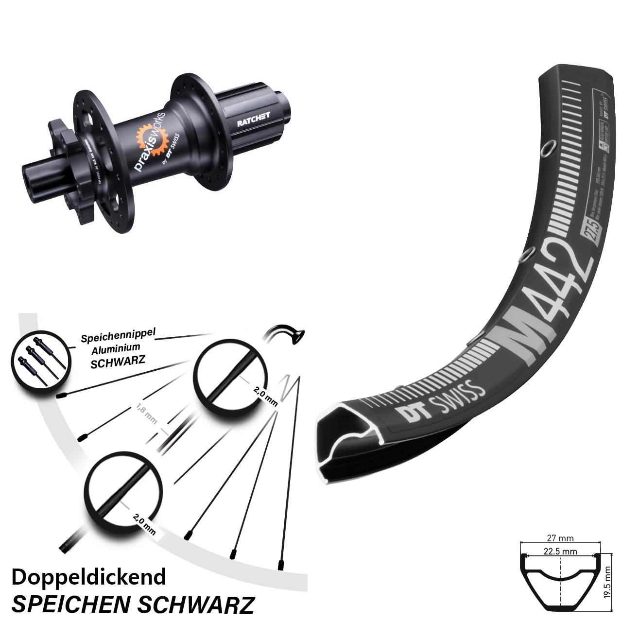 29 Zoll Hinterrad 12x142 mm MTB 11-fach 350 SL DT Swiss M 442 6-Loch