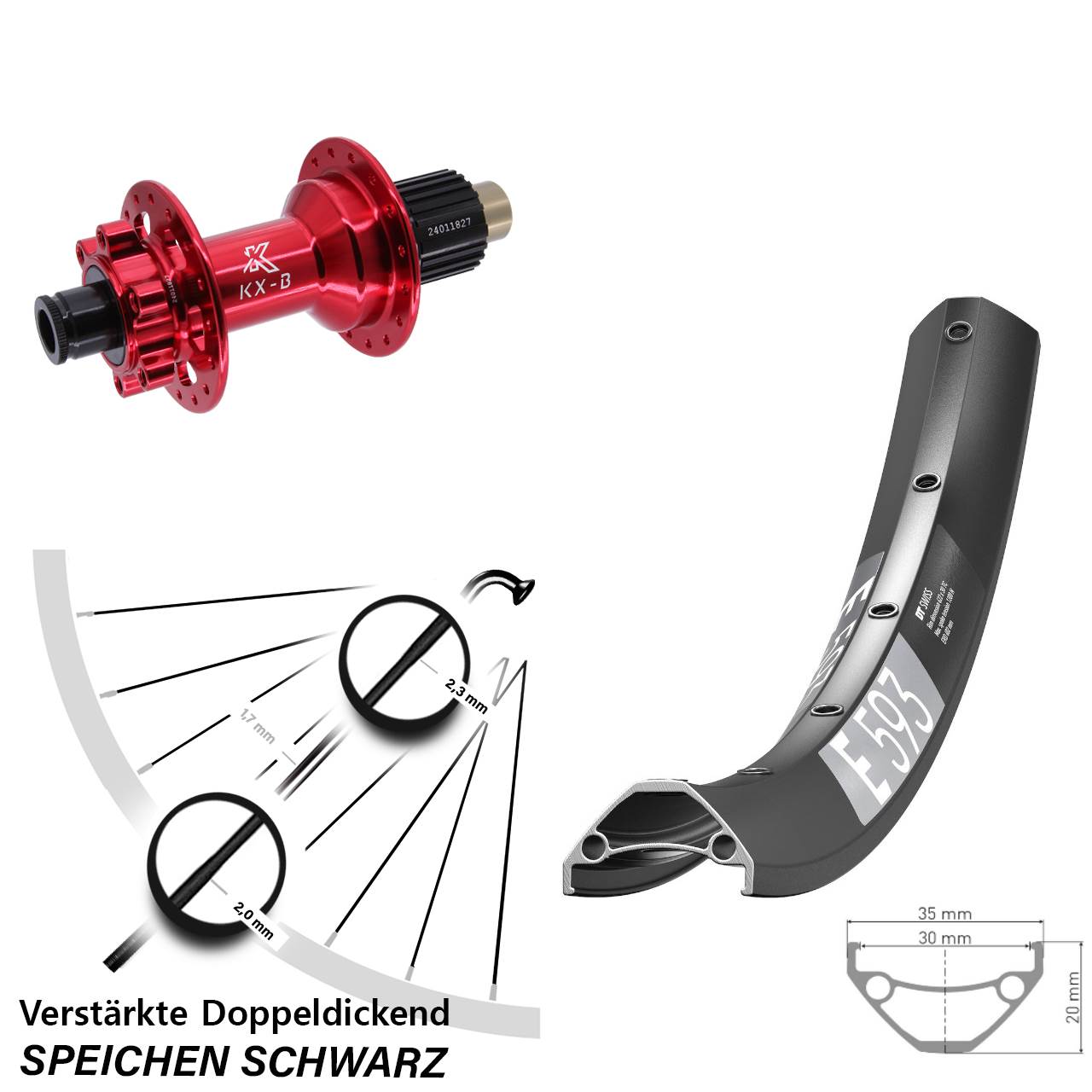 29 Zoll DT Swiss E593 KX-B rot Hinterrad 6-Loch 12x148 Shimano Micro Spline