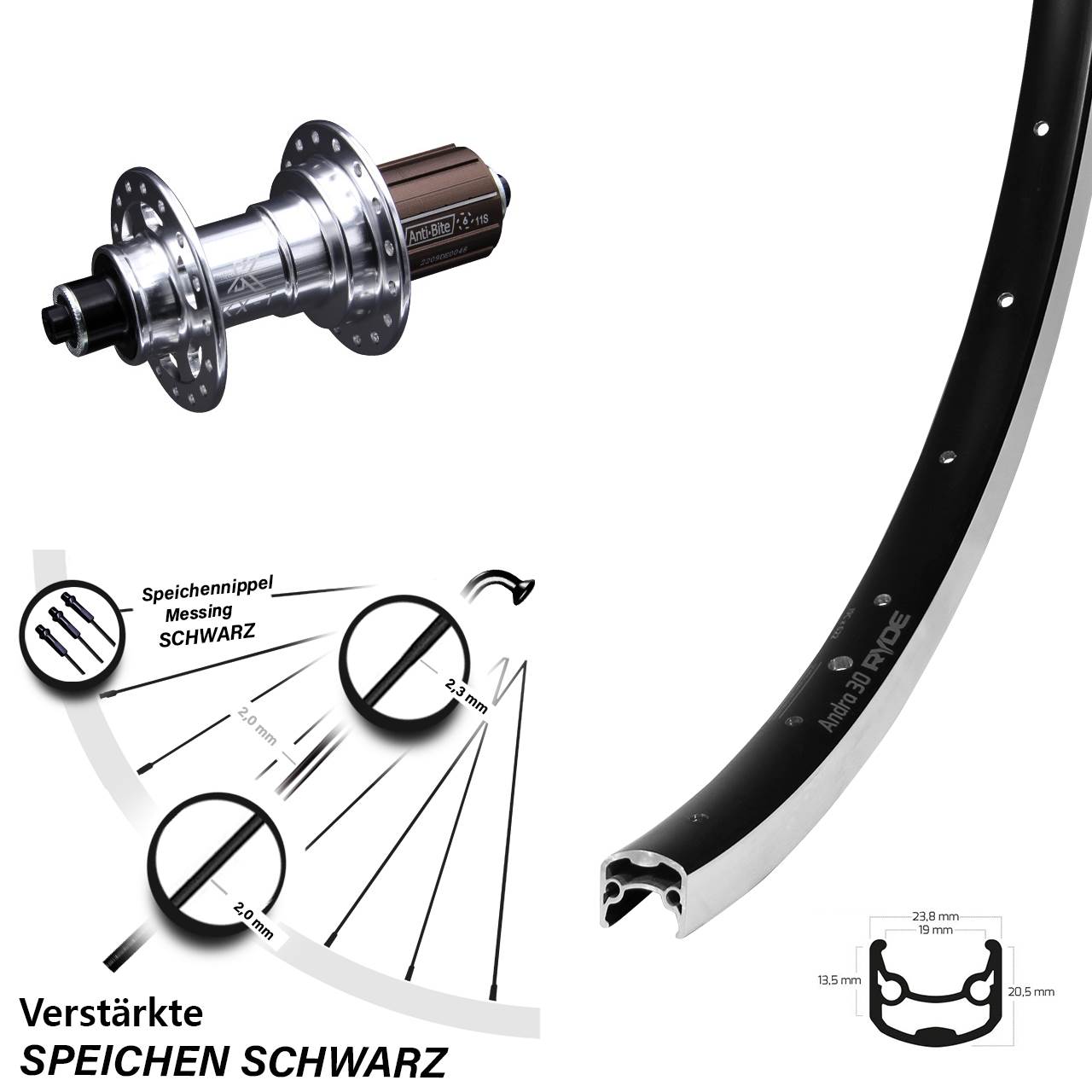 28 Zoll Ryde Andra 30 KX-T Hinterrad für Schnellspanner 8-12 fach HG