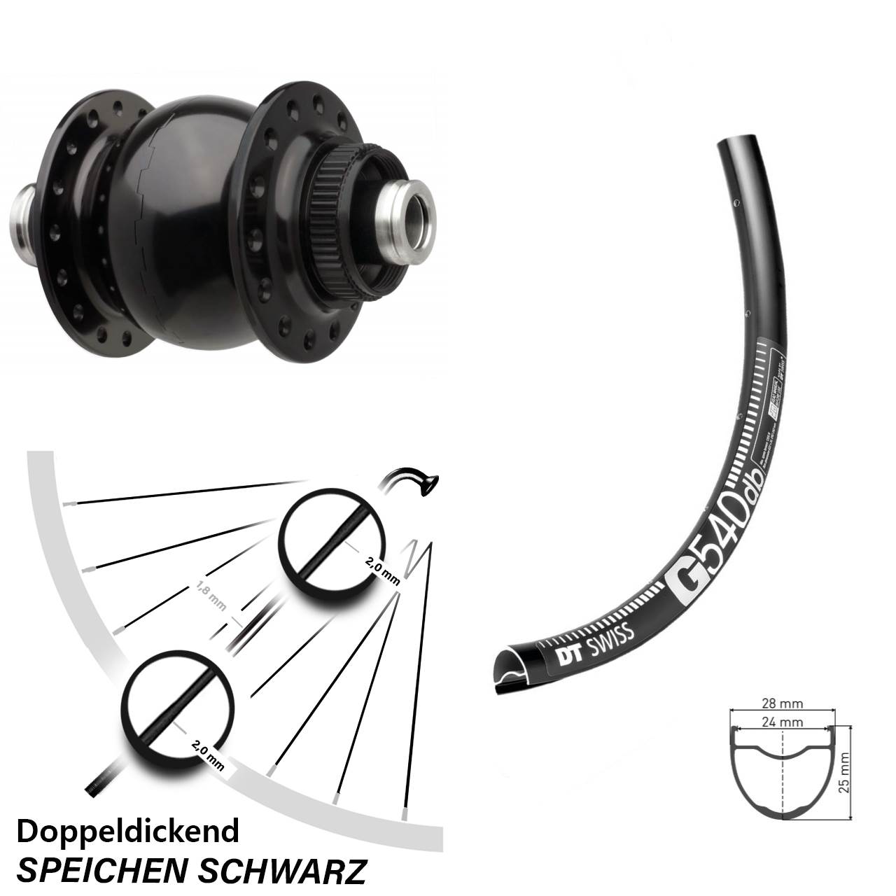 Vorderrad Gravel Dynamo SON 28-12 Boost 110 mm Disc DT Swiss G 540 27,5 Zoll schwarz