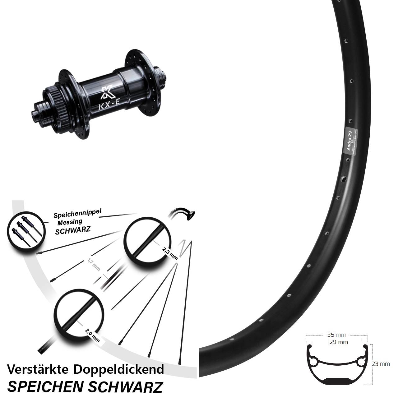 Ryde Andra 29-622 ETRTO E-Bike Vorderrad KX-E Nabe 5x100 mm Centerlock