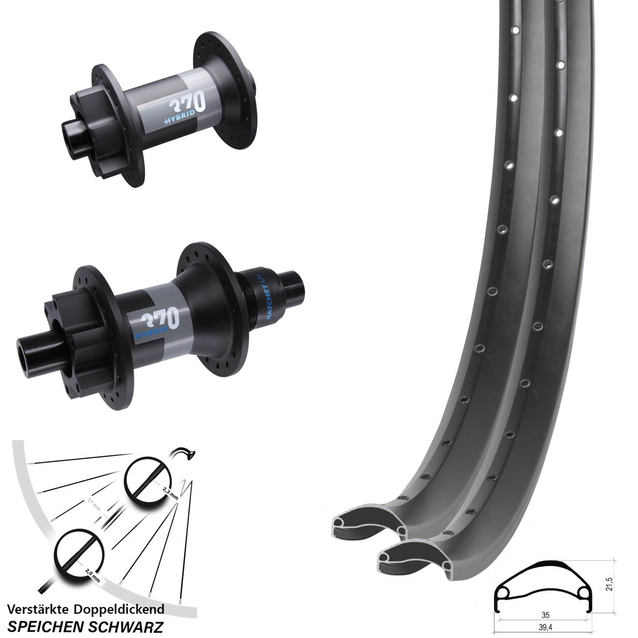 29 Zoll Ambrosio E35 DT Swiss 370 Hybrid Laufradsatz 6-Loch 15x110 12x148 SRAM XD