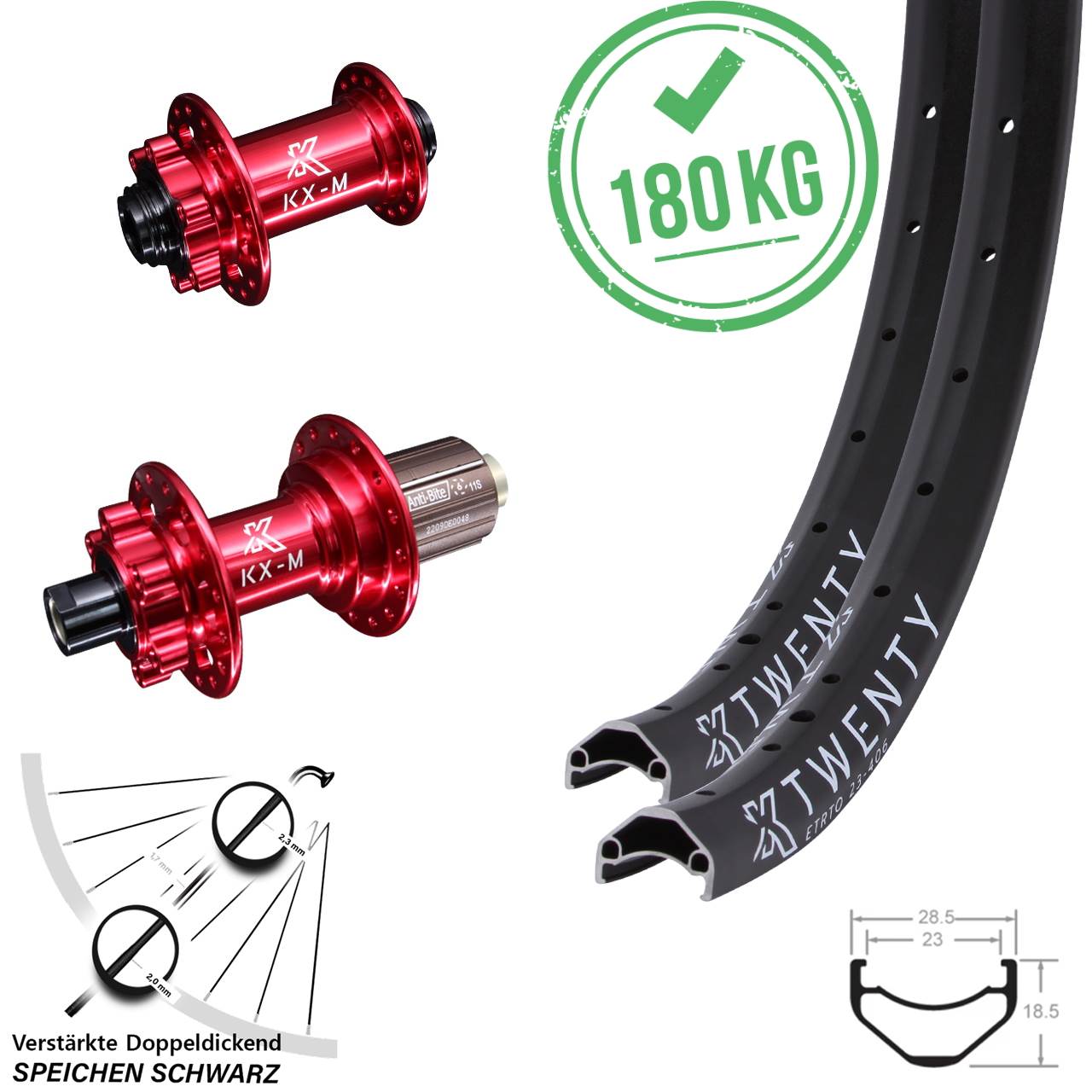 KX Twenty Laufradsatz 20 Zoll 6-loch rot eloxiert Steckachse leicht Shimano HG
