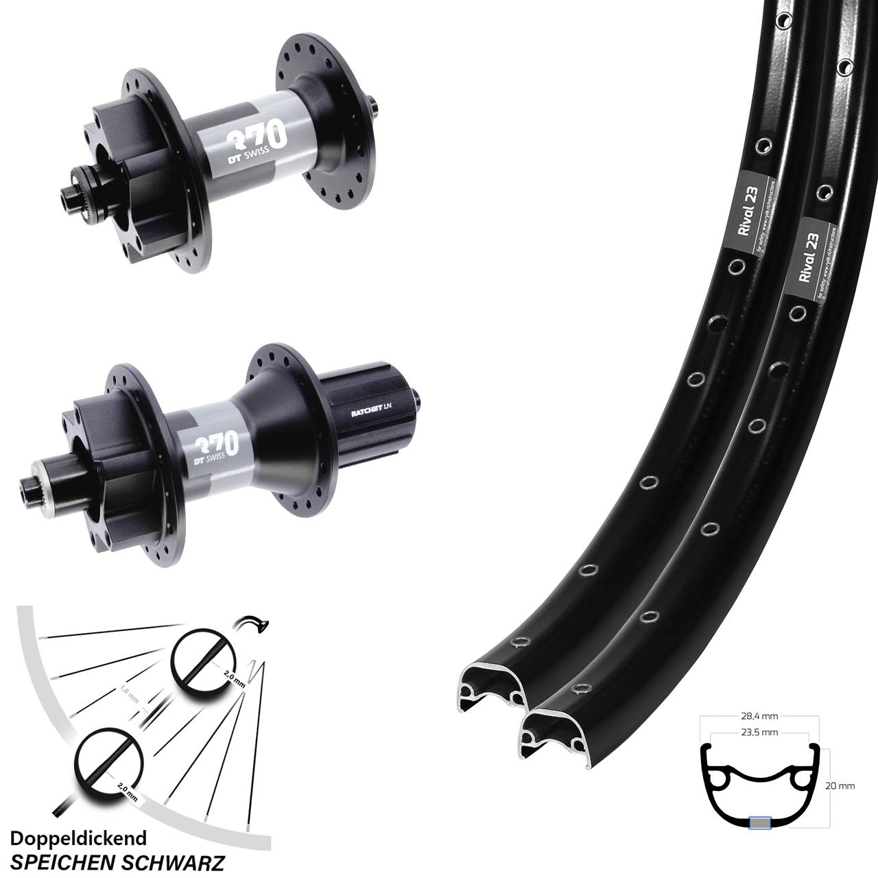 27,5 Zoll Ryde Rival 23 DT Swiss 370 Laufradsatz 6-Loch für Schnellspanner 8-11 fach HG