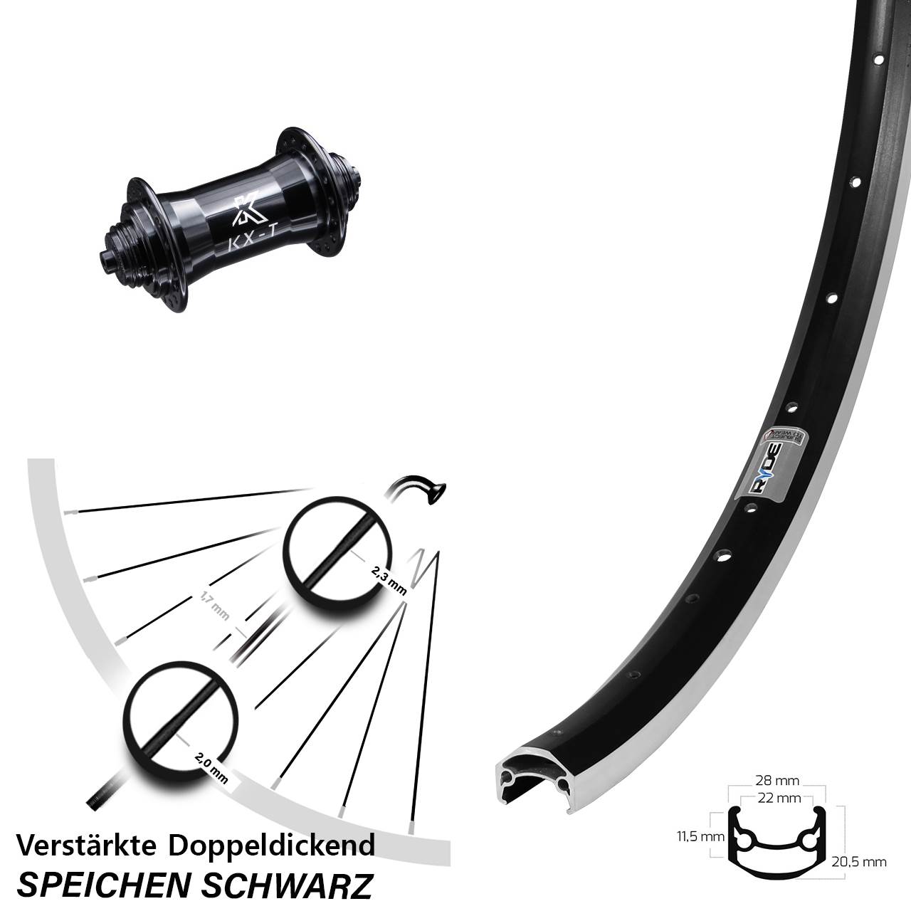 schwarzes 27,5 Zoll Laufrad vorne verstärkt Ryde Andra 35 Felgenbremse KX-T Heavy Duty