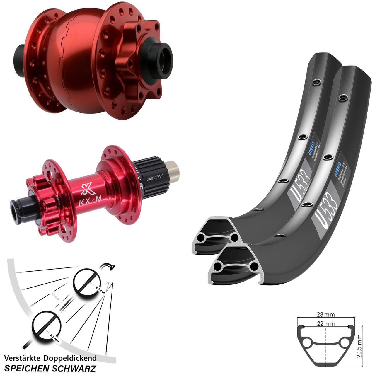 28 Zoll DT Swiss U533 KX-M rot SON Disc Laufrad-Satz 15x100 12x142 Shimano Micro Spline