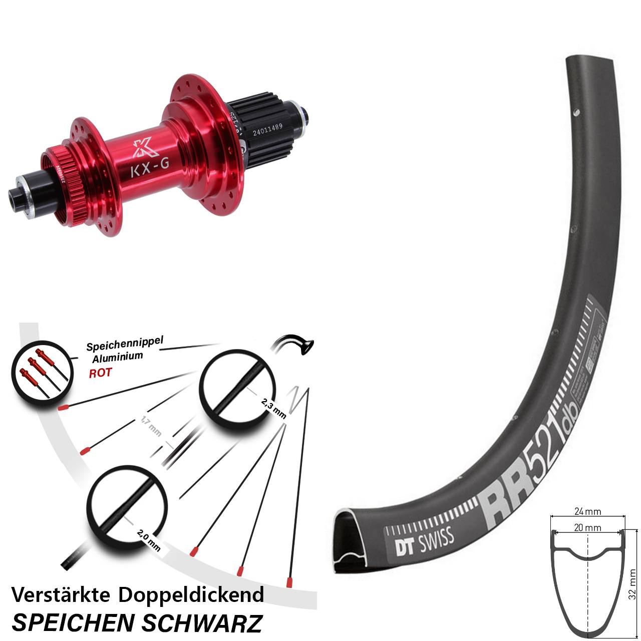 DT Swiss RR521 KX-G rot 28 Zoll Disc Laufrad für Schnellspanner Micro Spline