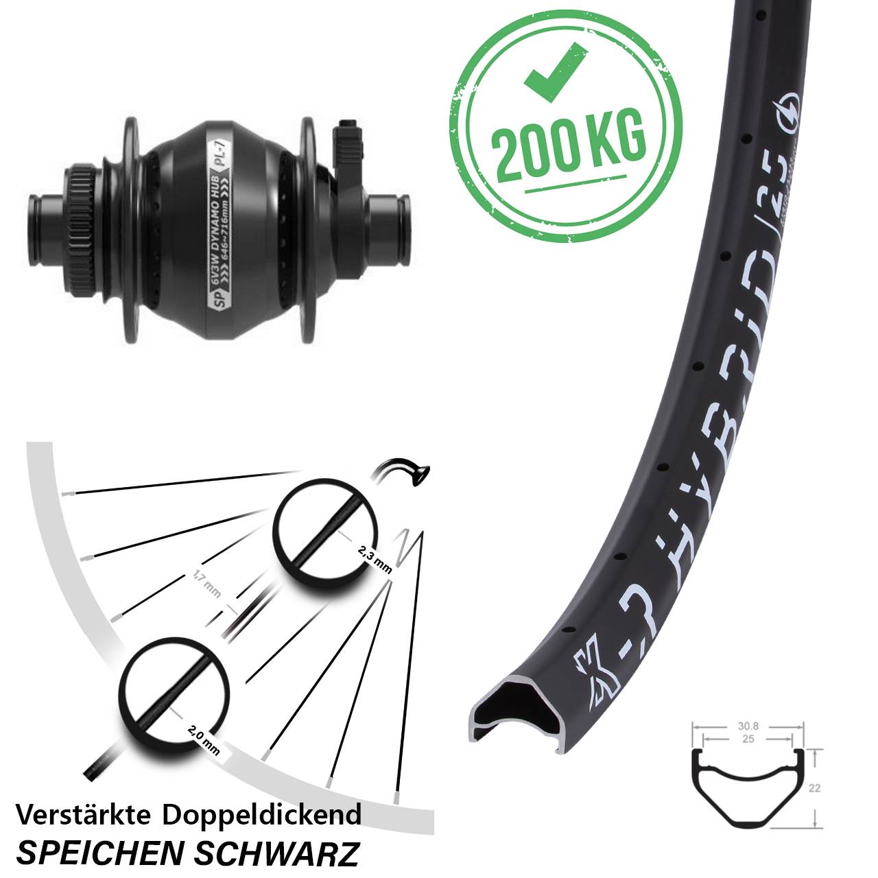 KX-R Hybrid 25 27,5 Zoll Disc Laufrad mit Shutter PL-7 Nabendynamo 12x100