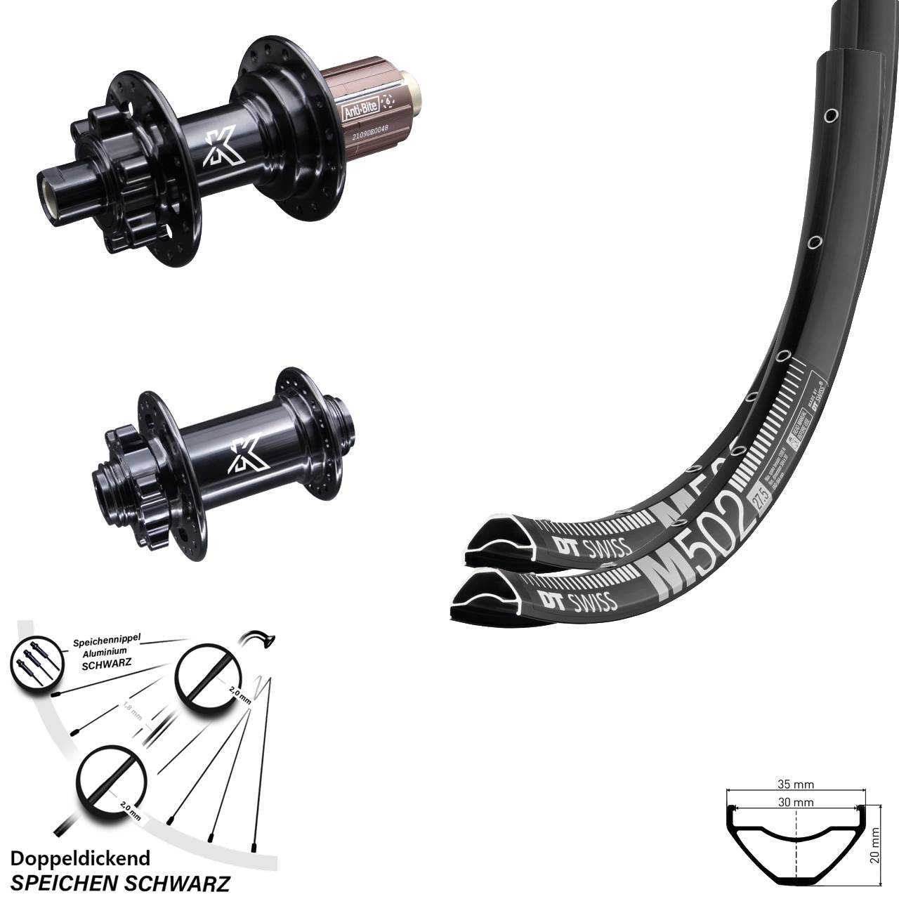 Laufradsatz MTB Enduro 29 Zoll DT Swiss M 502 KX-M Nabe Steckachse 100x142 mm 8-12 fach