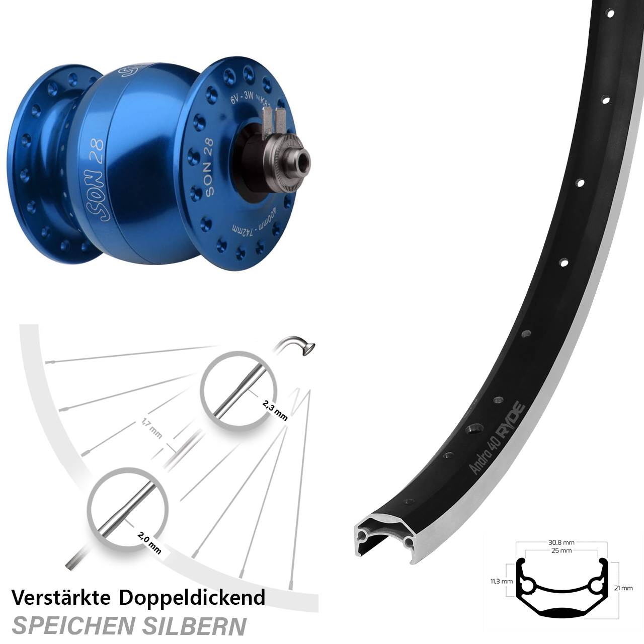 28-29 Zoll Ryde Andra 40 SON 28 blau Vorderrad mit Nabendynamo für Schnellspanner