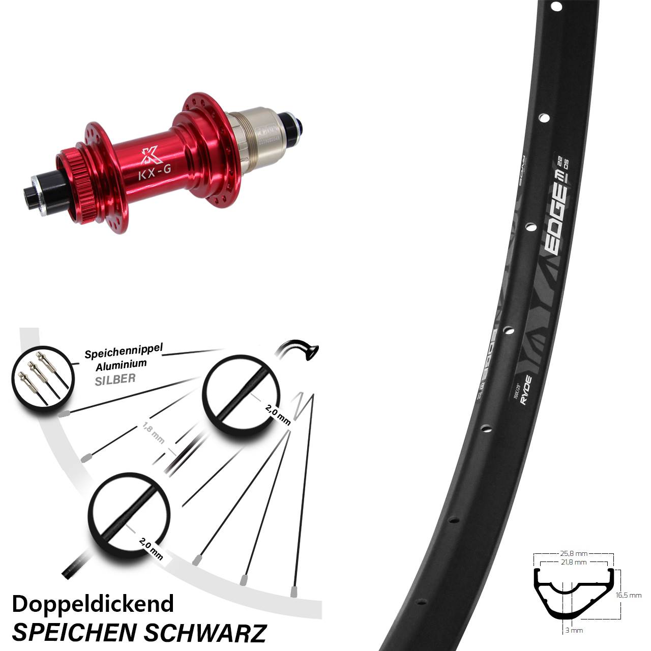 Ryde Edge M22 KX-G rot XD-R 28-29 Zoll Disc Laufrad QR