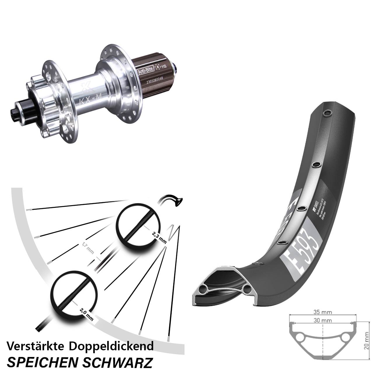 Hinterrad 6-Loch QR 650B DT Swiss E 593 KX-M 8-12 fach