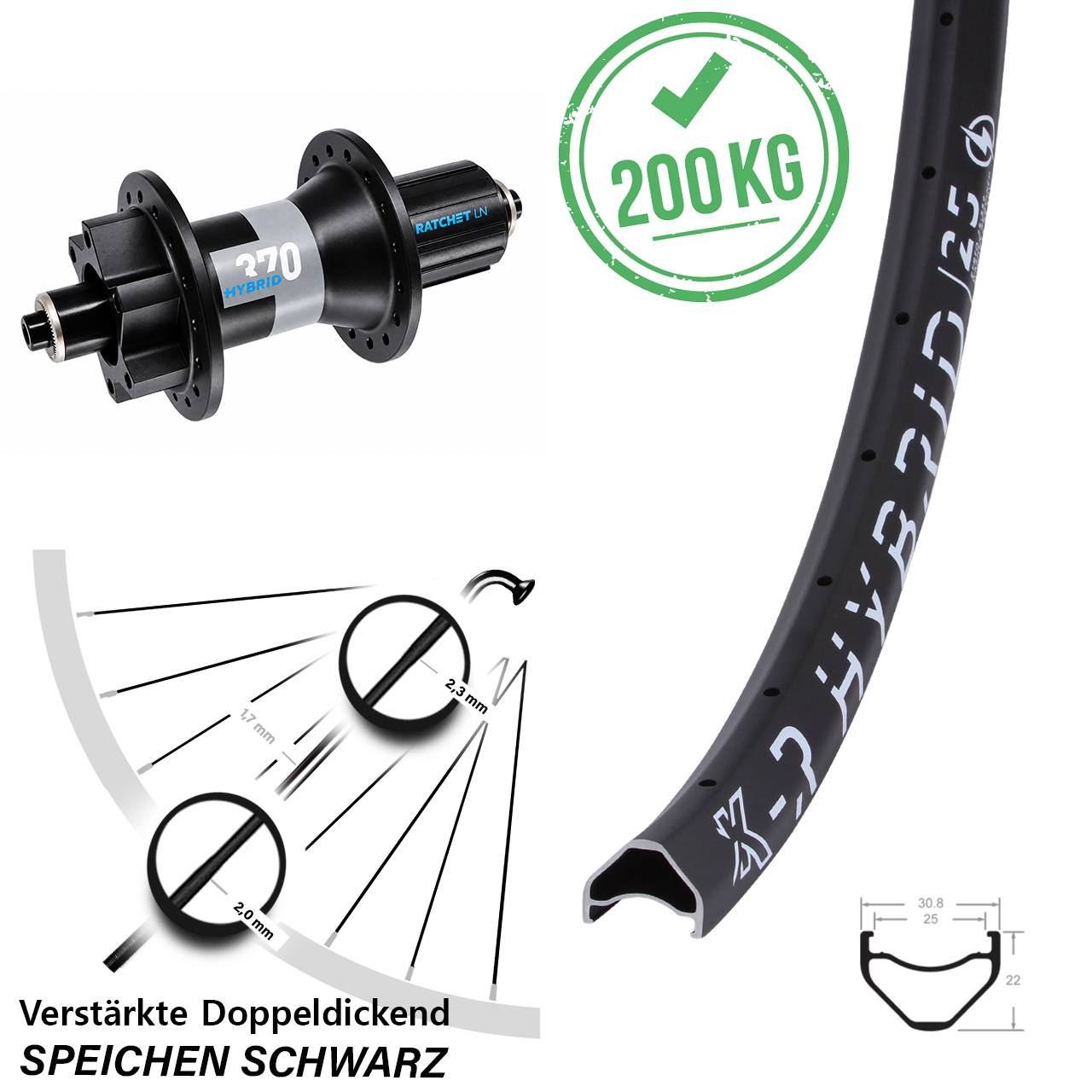 KX-R Hybrid 25 DT Swiss 370 28 Zoll Disc Hinterrad QR Boost 8-11 fach