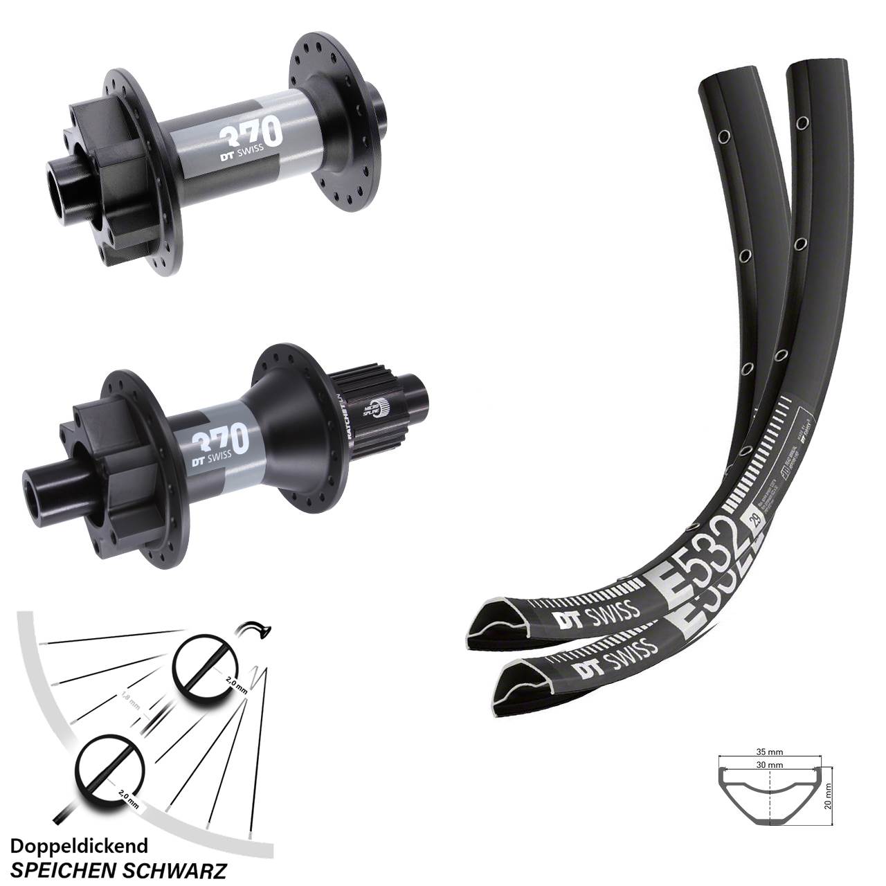 DT Swiss E532 370 27,5 Zoll Disc Laufrad-Satz 15x110 12x148 Shimano Micro Spline
