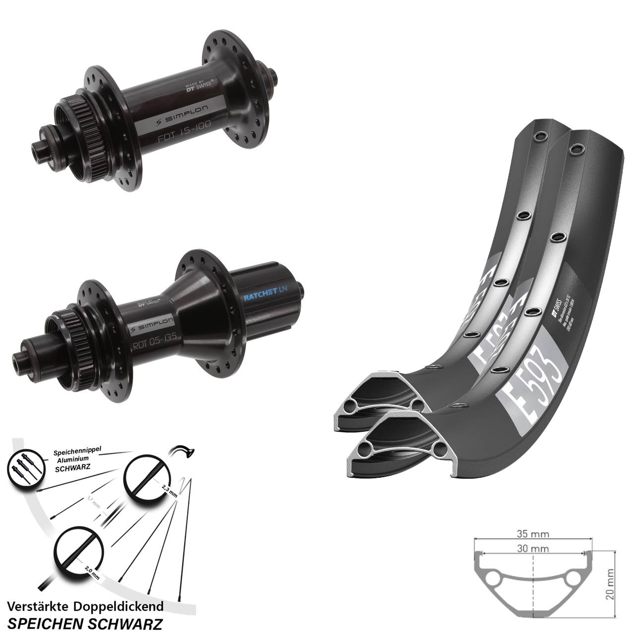 29 Zoll DT Swiss E 593 370 Hybrid Disc Laufradsatz für Schnellspanner 8-11 fac