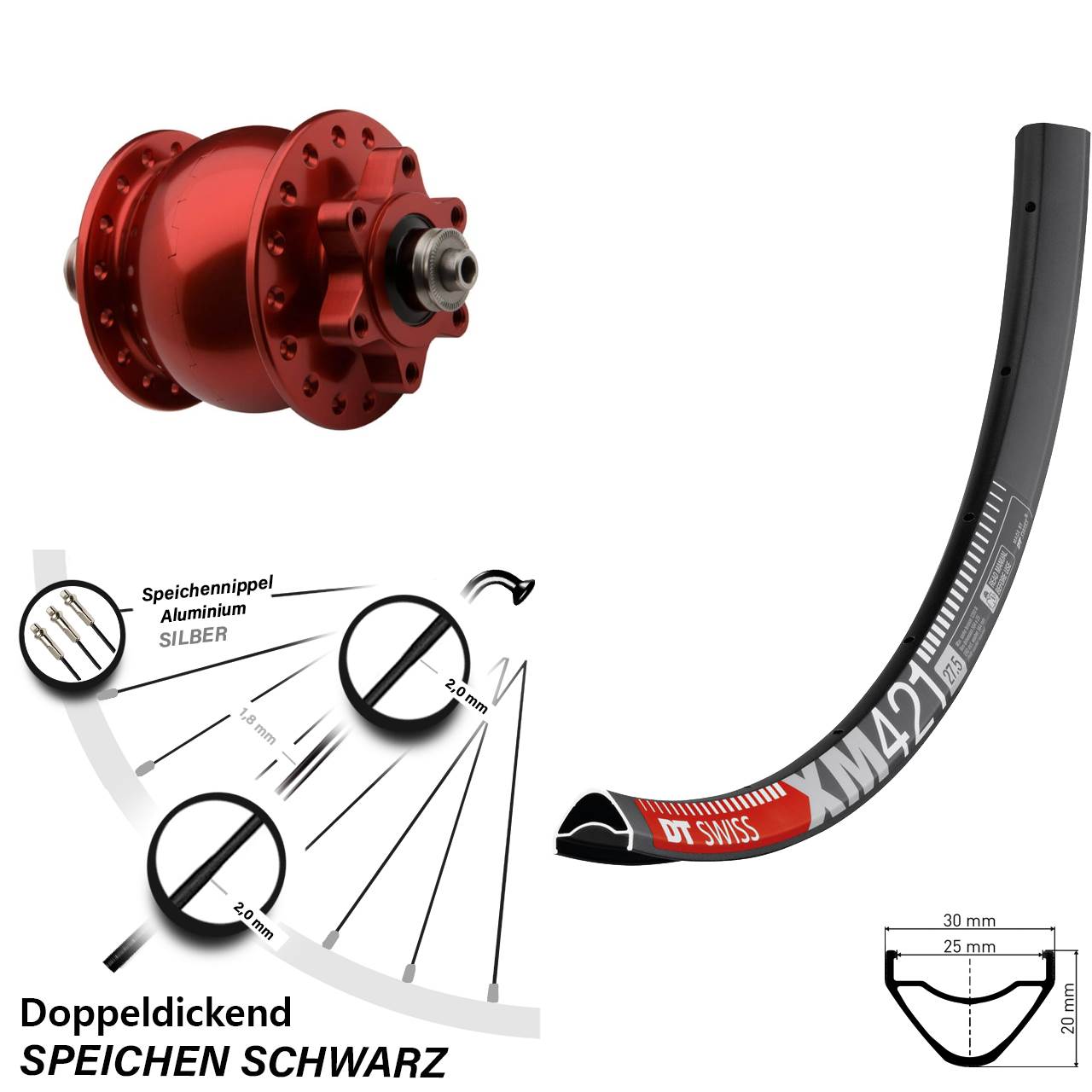 27,5 Zoll DT Swiss XM 421 SON 28 rot Dynamo-Vorderrad 6-Loch QR