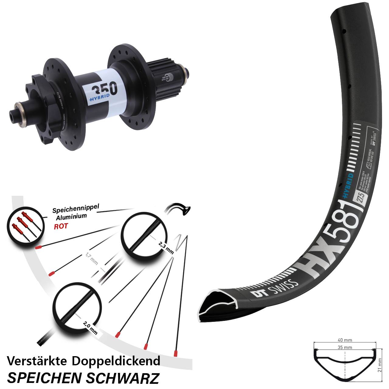 27,5 Zoll DT Swiss HX581-350 Hybrid Hinterrad für Schnellsp. Micro Spline