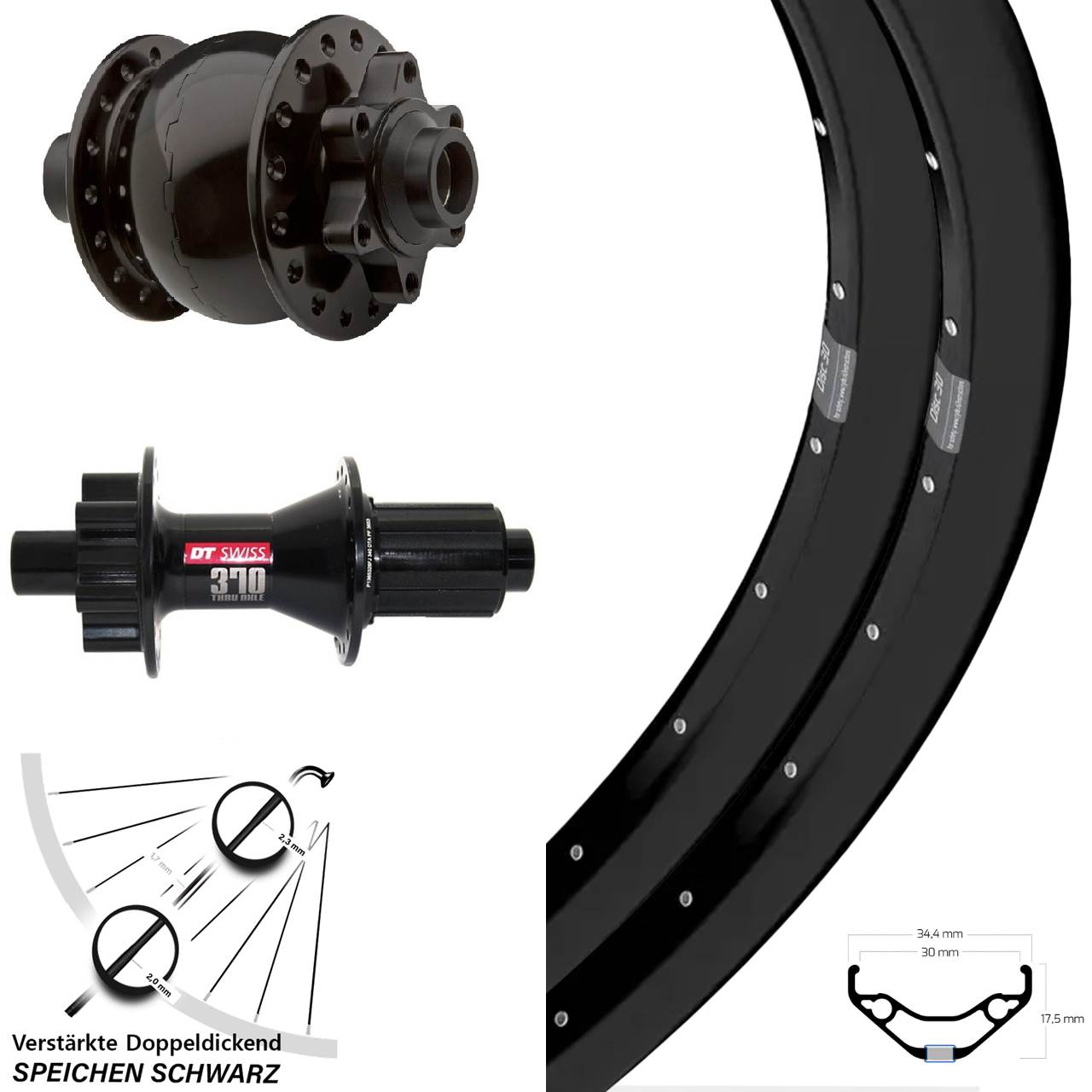 Laufradsatz 29 Zoll Ryde Disc 30 DT Swiss 370 Hybrid SON 28 6-Loch 15x100/12x142 HG