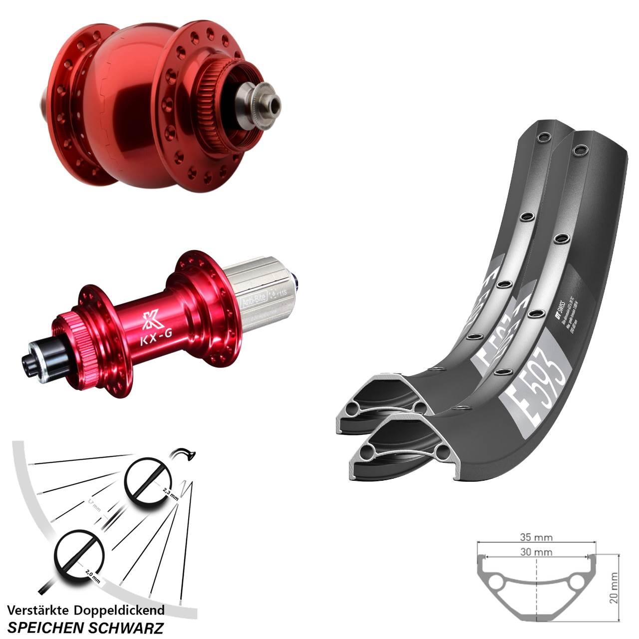 29 Zoll DT Swiss E 593 KX-G rot SONdelux Disc Laufradsatz für Schnellspanner 8-12 fach