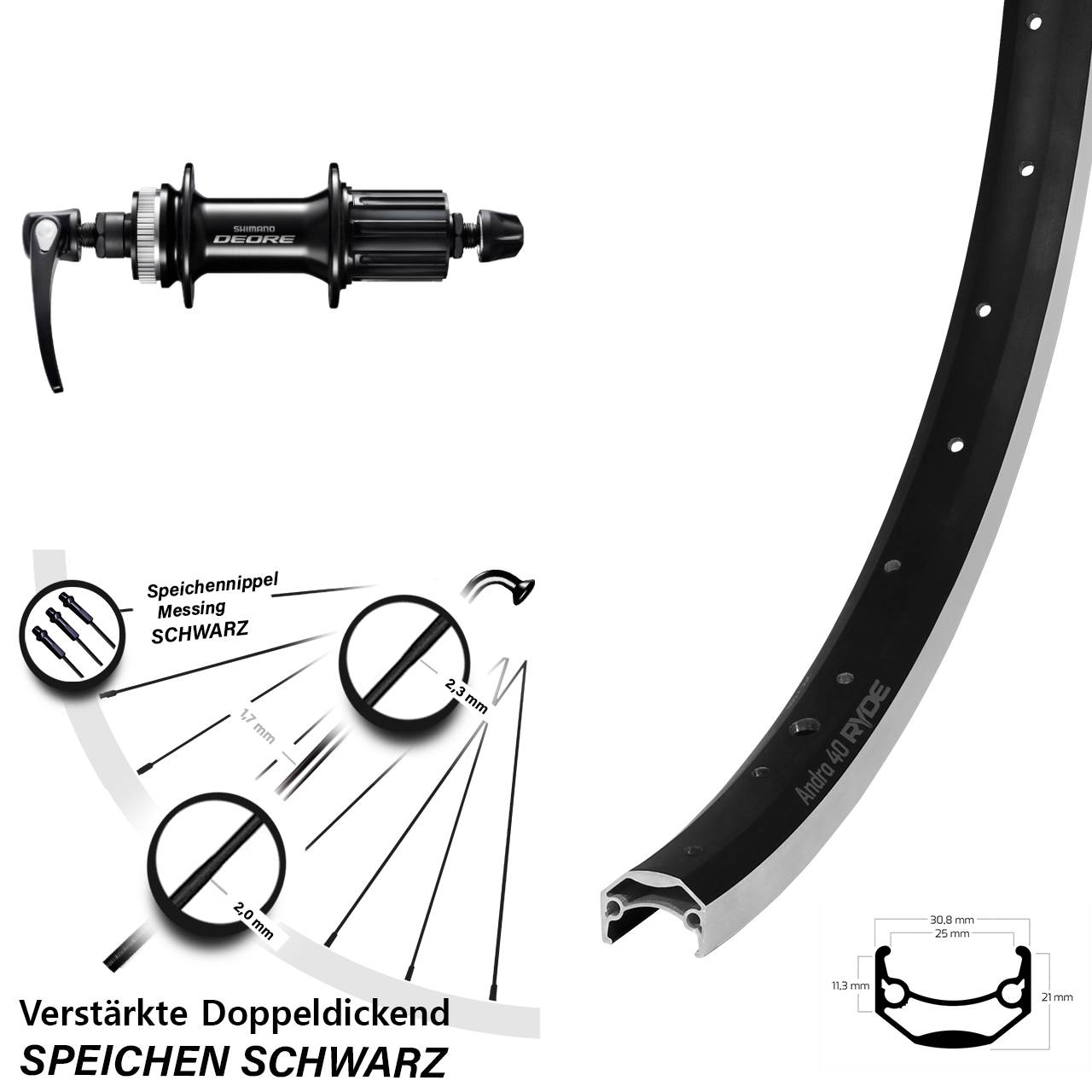 26 Zoll Hinterrad Felgenbremse Ryde Andra 40 Shimano Deore 8-11 fach QR