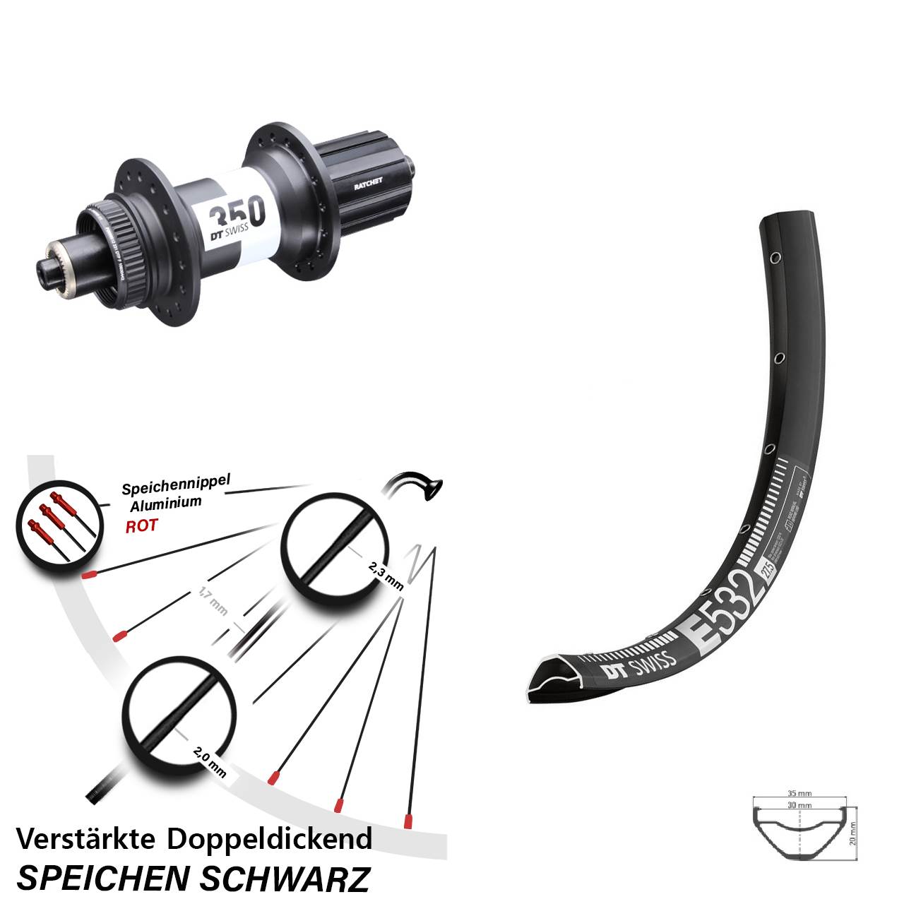 DT Swiss E532-350 Ratchet 36 27,5 Zoll Hinterrad für Schnellsp. 8-11 fach HG