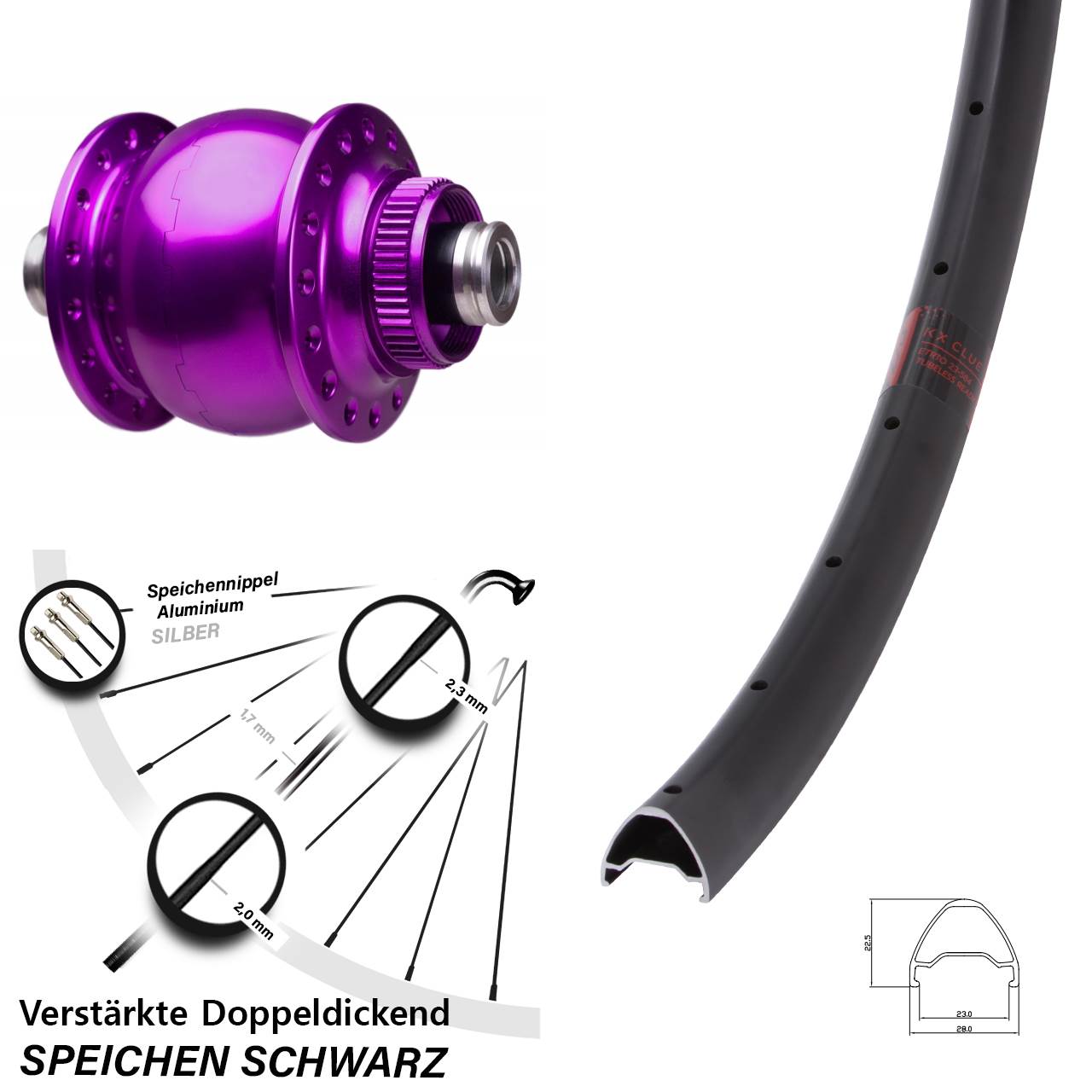 SON 28 violett KX Clue Zoll Disc Laufrad mit Nabendynamo 12x100