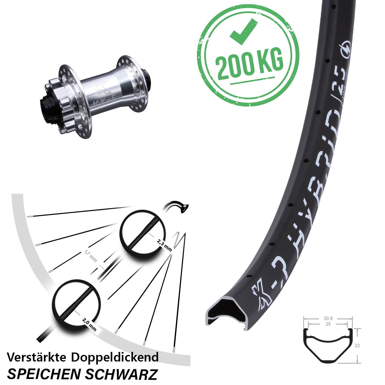 KX-ER Hybrid 25 4 Kugellager 26 Zoll Vorderrad 6-Loch 15x100