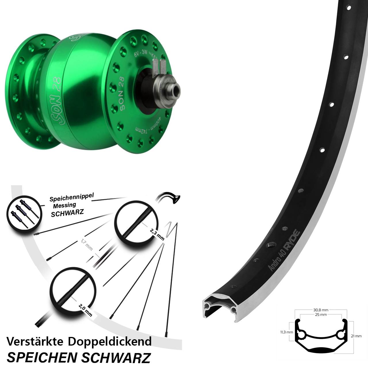 29 Zoll Ryde Andra 40 SON 28 grün Dynamo-Vorderrad für Schnellspanner