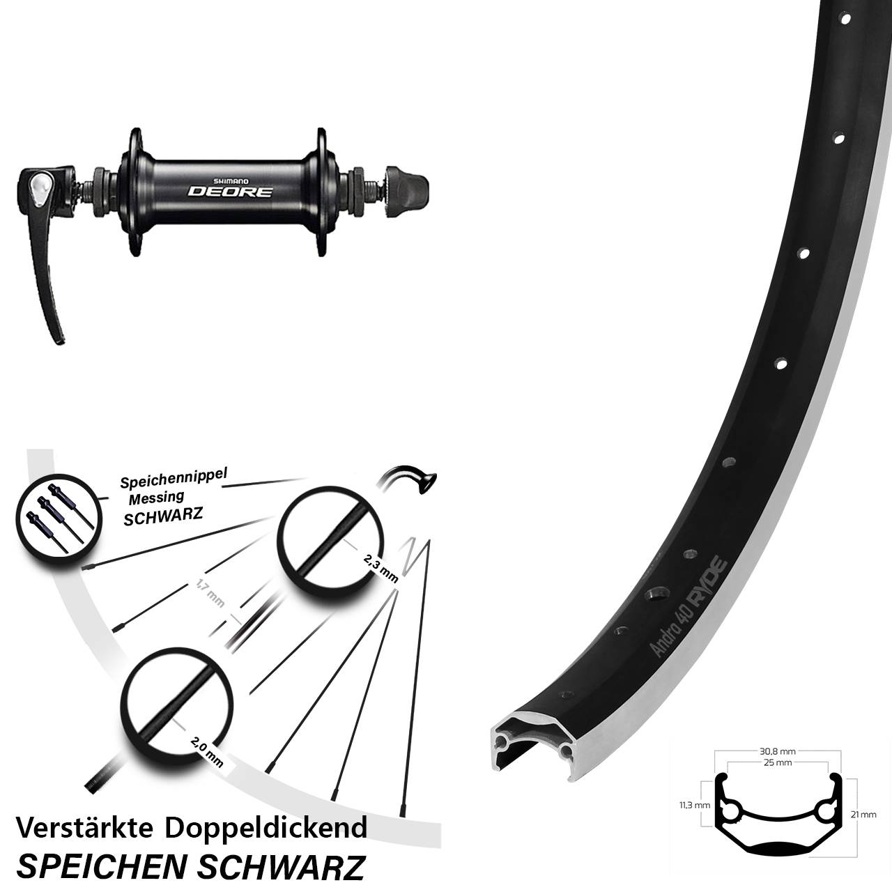 Ryde Andra 40 Vorderrad 26 Zoll verstärkt Shimano Deore
