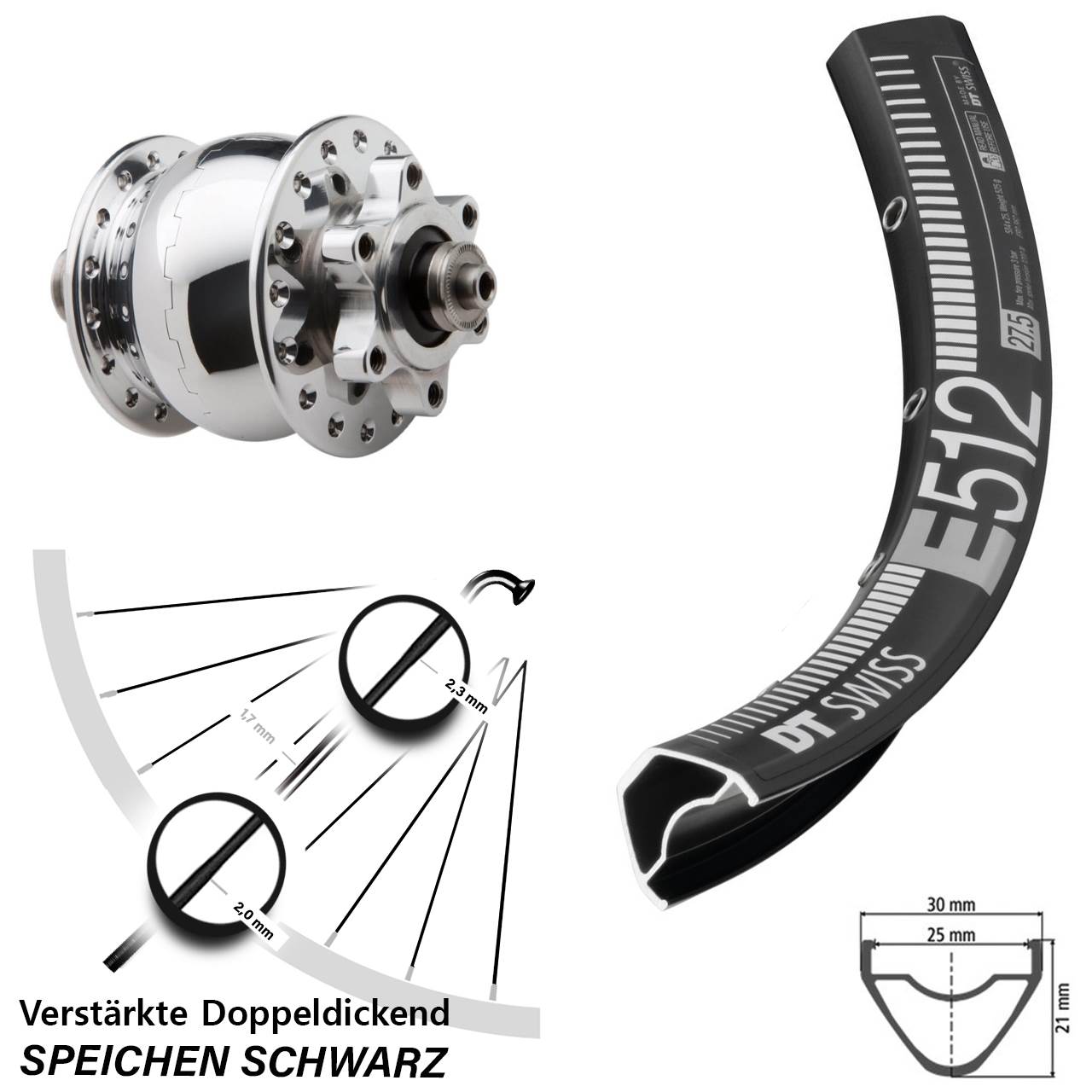 27,5 Zoll DT Swiss E512 SON 28 poliert Disc Vorderrad mit Nabendynamo QR